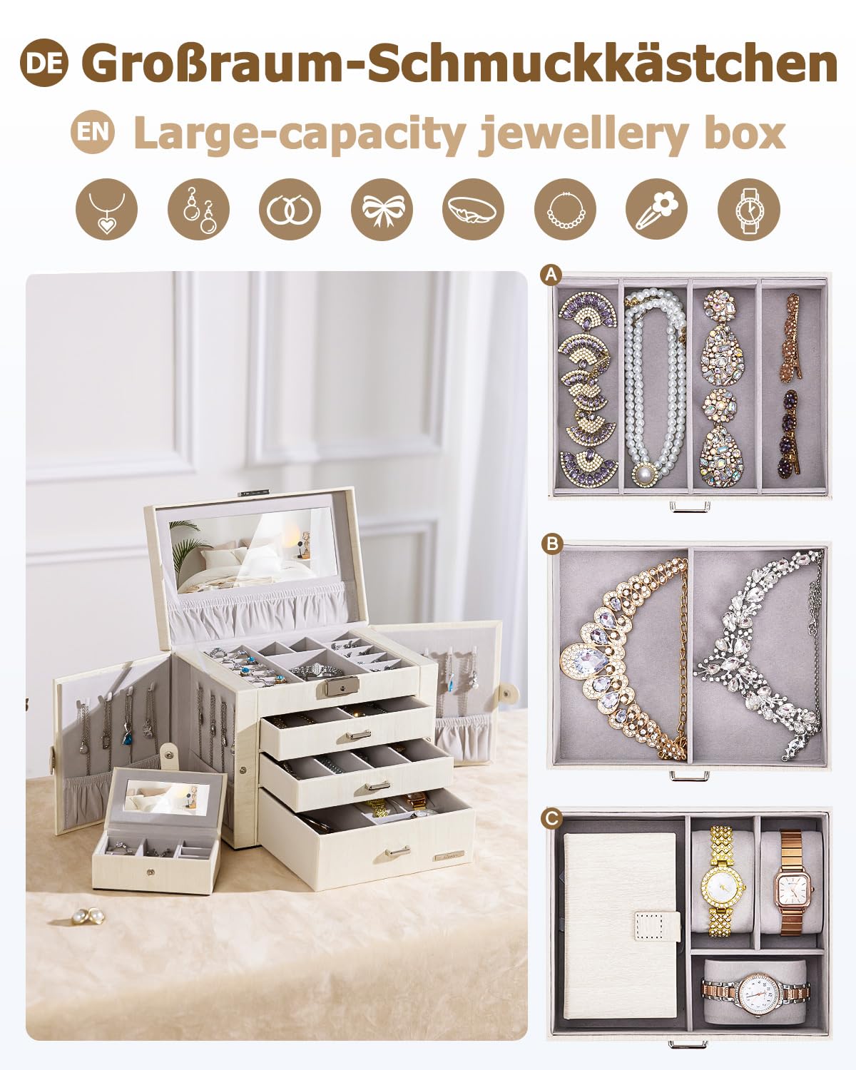 Yorbay Caja de joyas grande con espejo para mujer: 6 niveles y 5 cajones | Organiza Collares Anillos Relojes y Pendientes-Tocador y Viajes-Minijoyero Extraíble y 2 Compartimentos Laterales