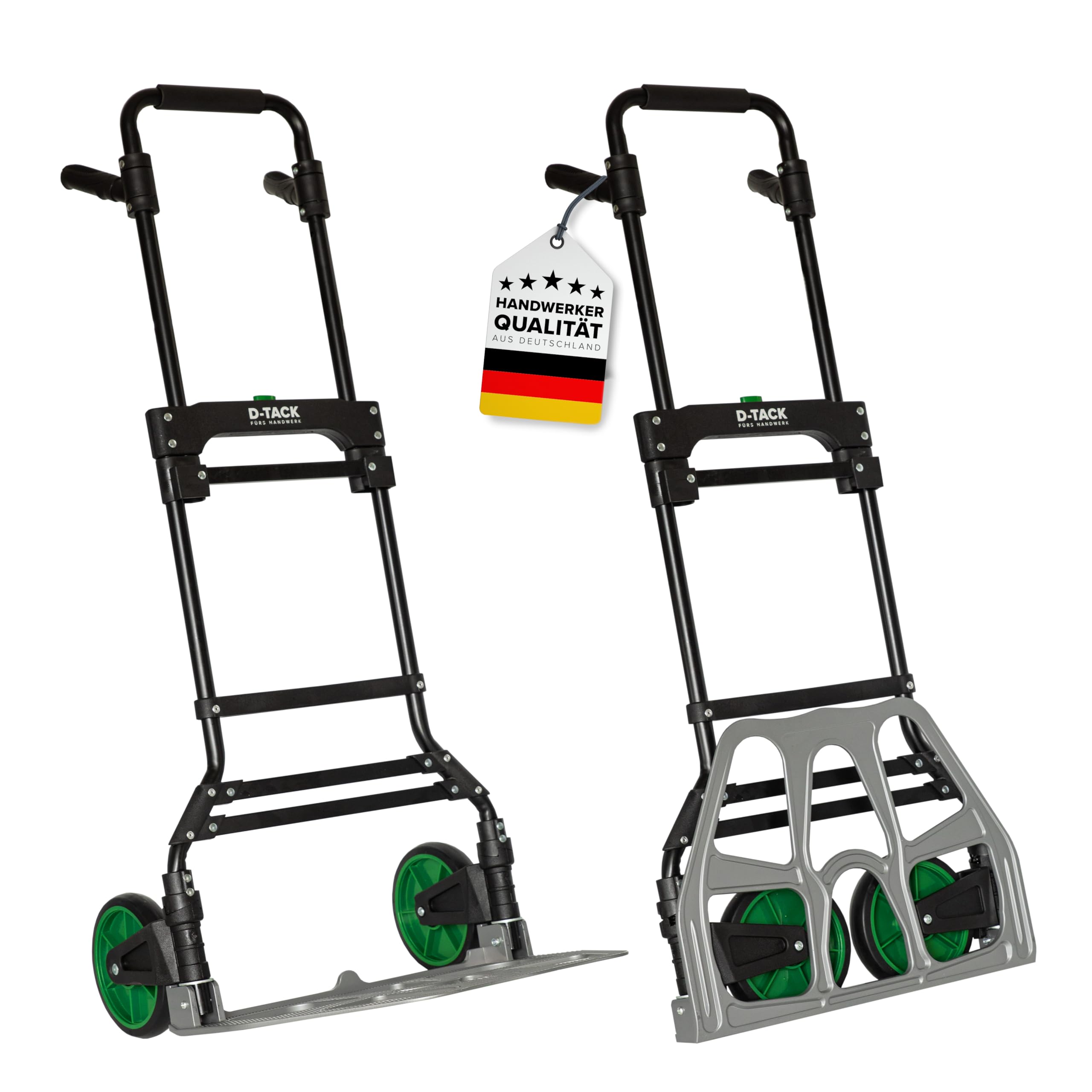D-TACK Sackkarre aus Aluminium-Stahl | Traglast 150 kg | Teleskopgriff 110 cm | Mit 2 gummiummantelten, einklappbaren Rädern | Klappbare Transportkarre | Hochwertige Handkarre