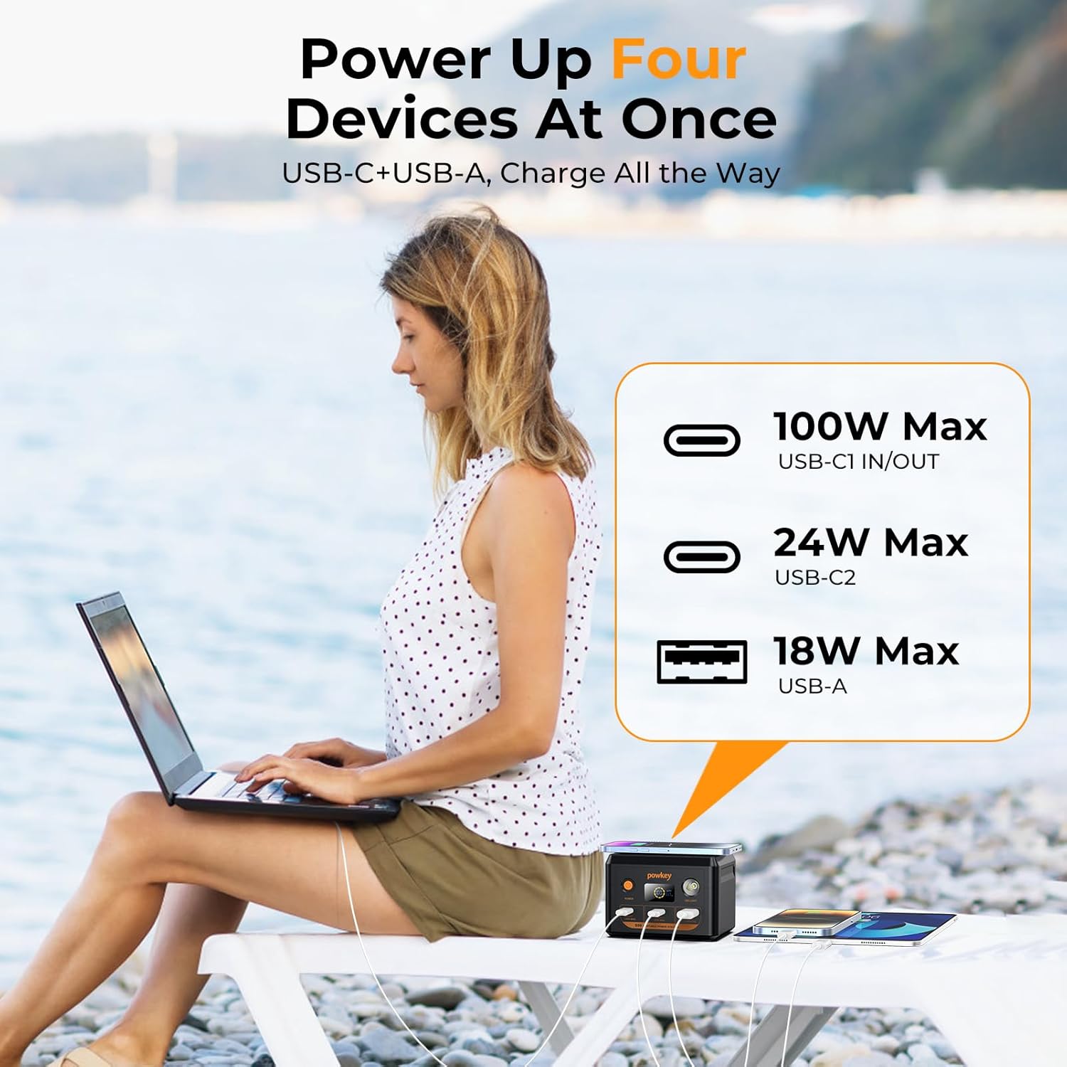 powkey S99 Portable Power Station charging four devices simultaneously: a laptop, two phones, and an earphone case.