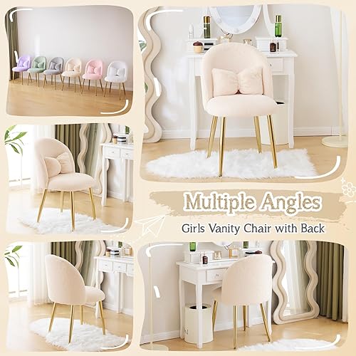 Miniatura 7 de VINGLI Boucle Silla de tocador para niñas con respaldo y almohada, bonita silla de escritorio pequeña y acogedora sin ruedas, cómoda maquillaje Ch