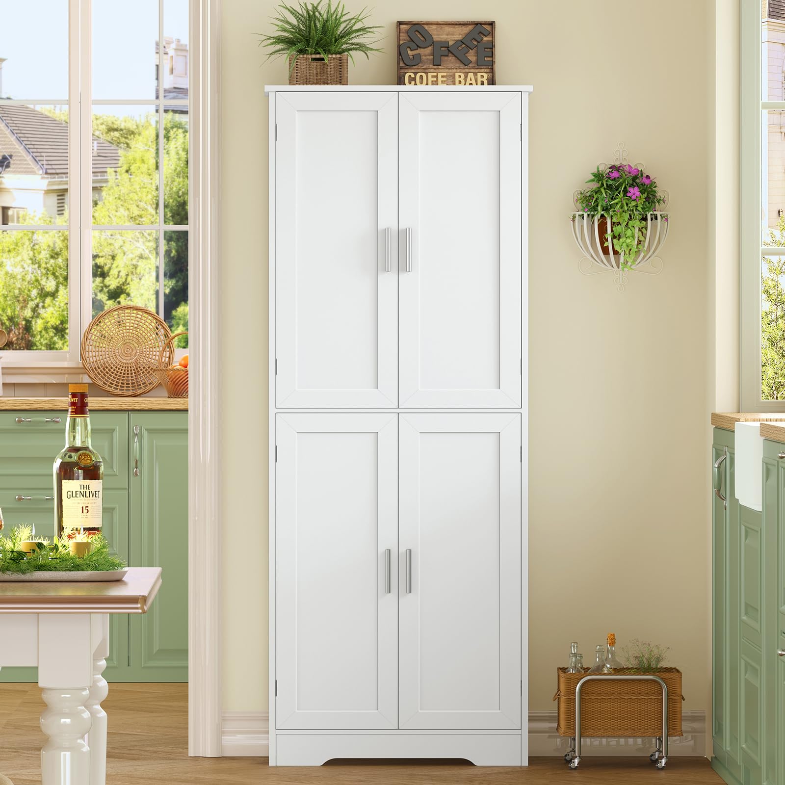 TEENFON Meuble de Salle de Bain, Armoire de Rangement 4 Portes avec Étagères Réglables, Meuble de Rangement Colonne pour Salon, Salle à Manger et Salle de Bain, 60x30x170 cm, Blanc