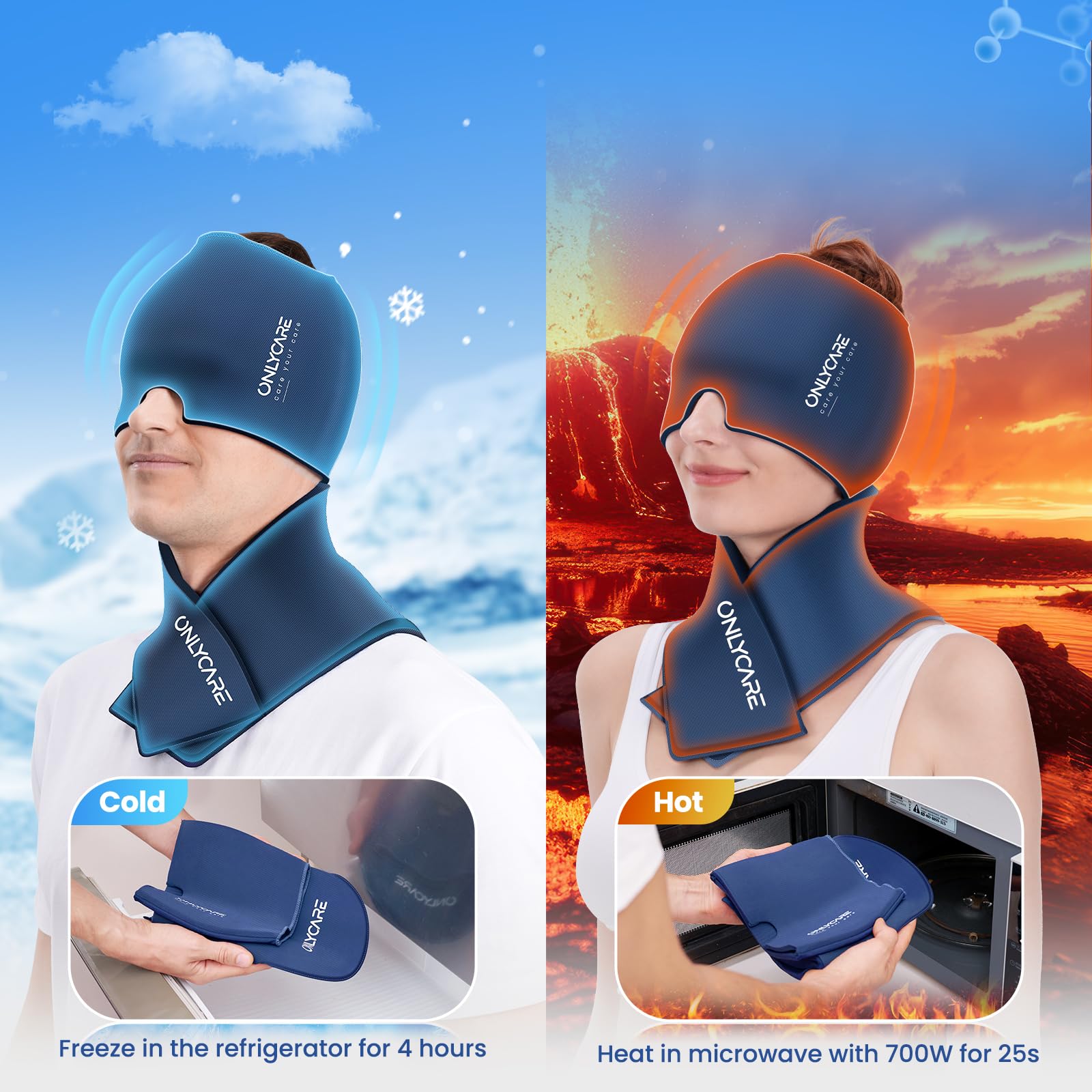 ONLYCARE Juego de gorro de alivio de migraña y paquete de hielo para el cuello, tapa de alivio del dolor de cabeza mejorada y bolsa fría de hombro, compresa caliente y fría, alivio del dolor