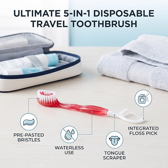 FILFEEL Disposable Toothbrush 5 in 1 Mini Individually Wrapped (Red)
