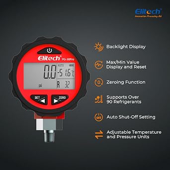 Elitech PG-30Pro Refrigeration HVAC Digital High Pressure Gauge 87 Refrigerants-14.5-800 PSI 1/8'' NPT