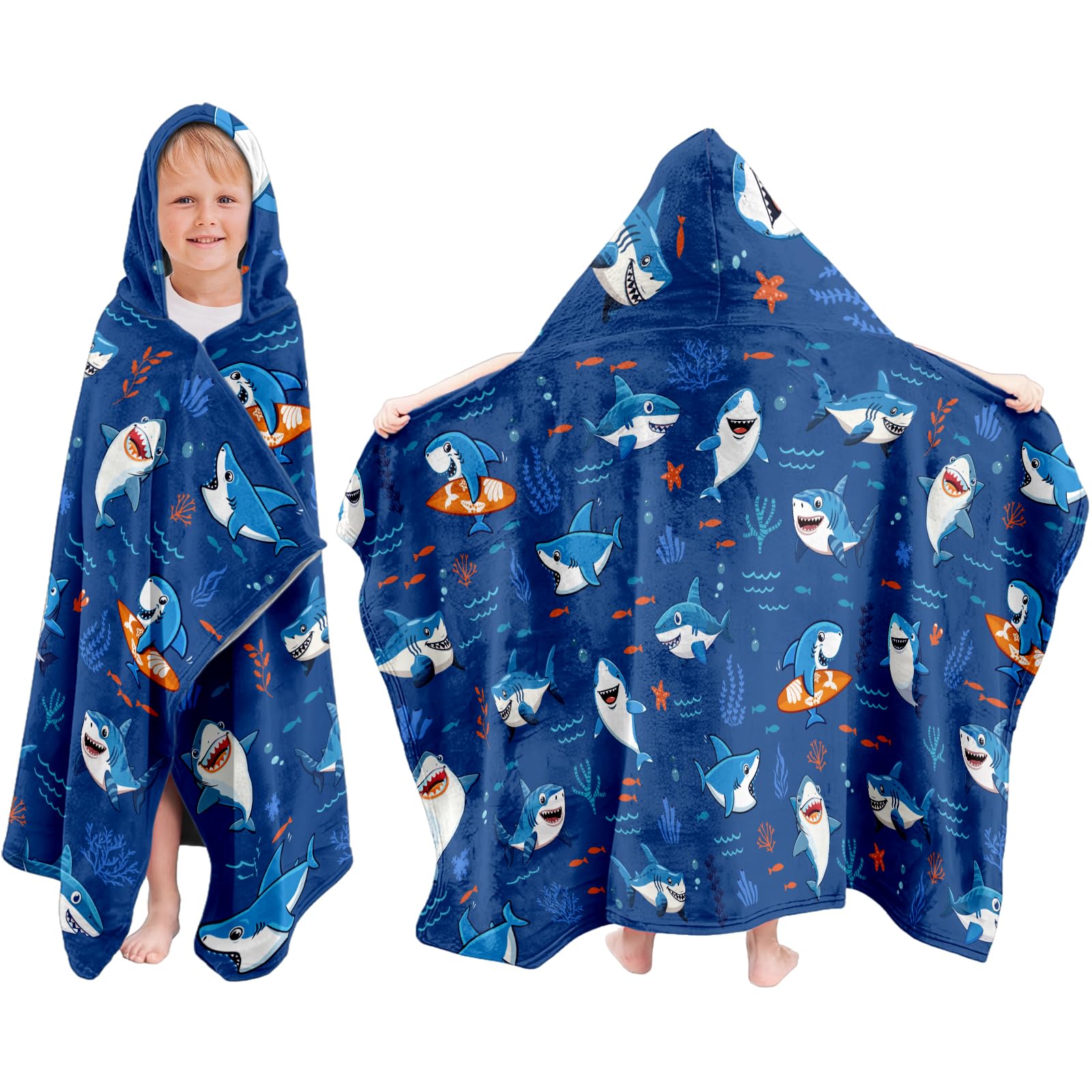 JOPJOLIW Kids Hooded Bath Towel, 30"X50" Cartoon Shark Towels, Soft Toddler Beach,Bathroom,Pool Swim Towels, Poncho Towel Perfect for Boy Girls Pool