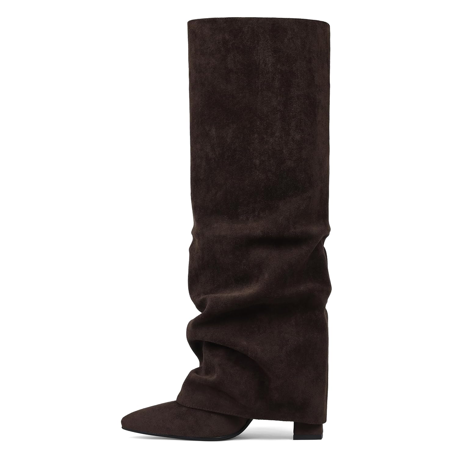 SaraIris Womens Slouchy Knee High Boots - Black Pointed Toe Fold Over Chunky Shark Boots