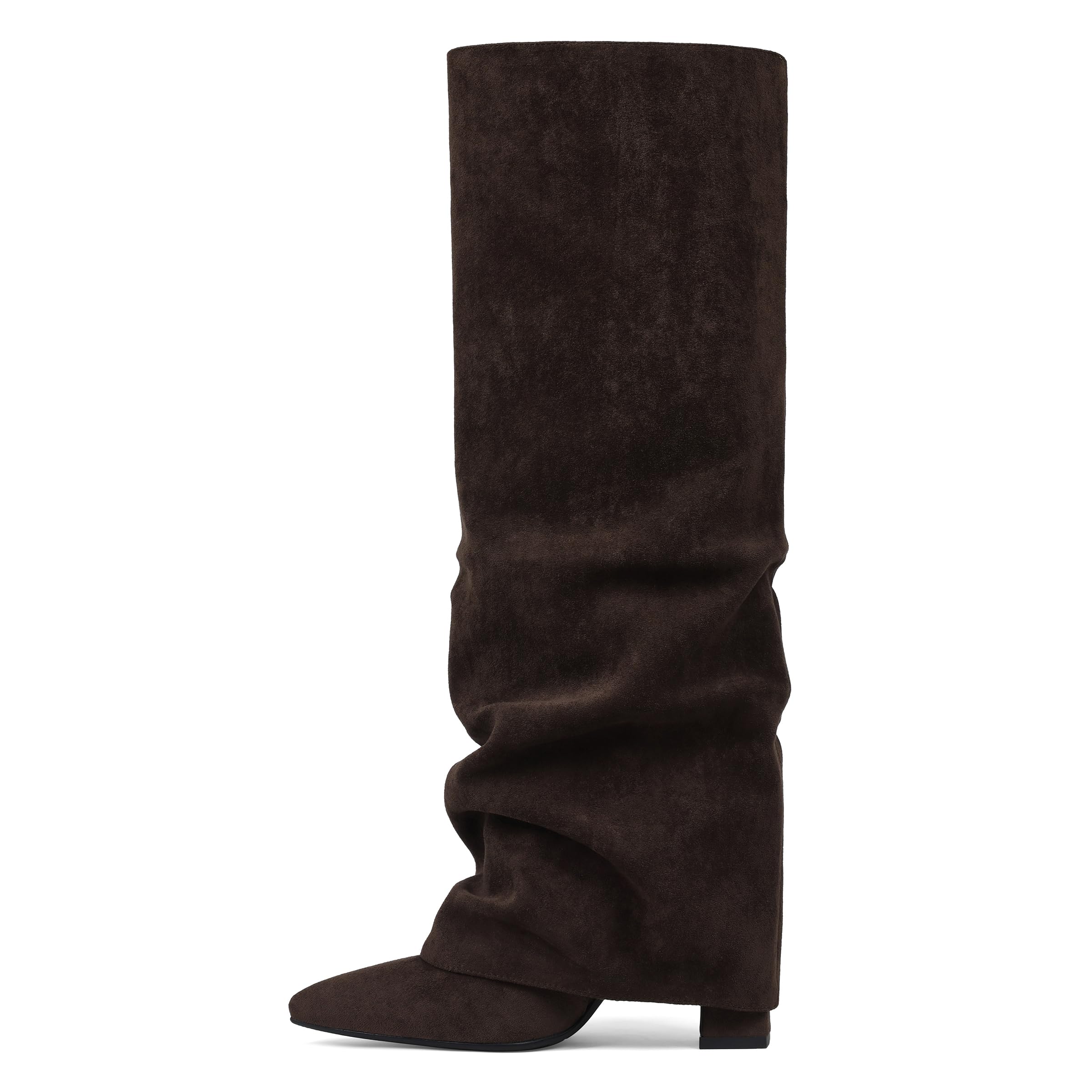 SaraIris Womens Slouchy Knee High Boots - Black Pointed Toe Fold Over Chunky Shark Boots