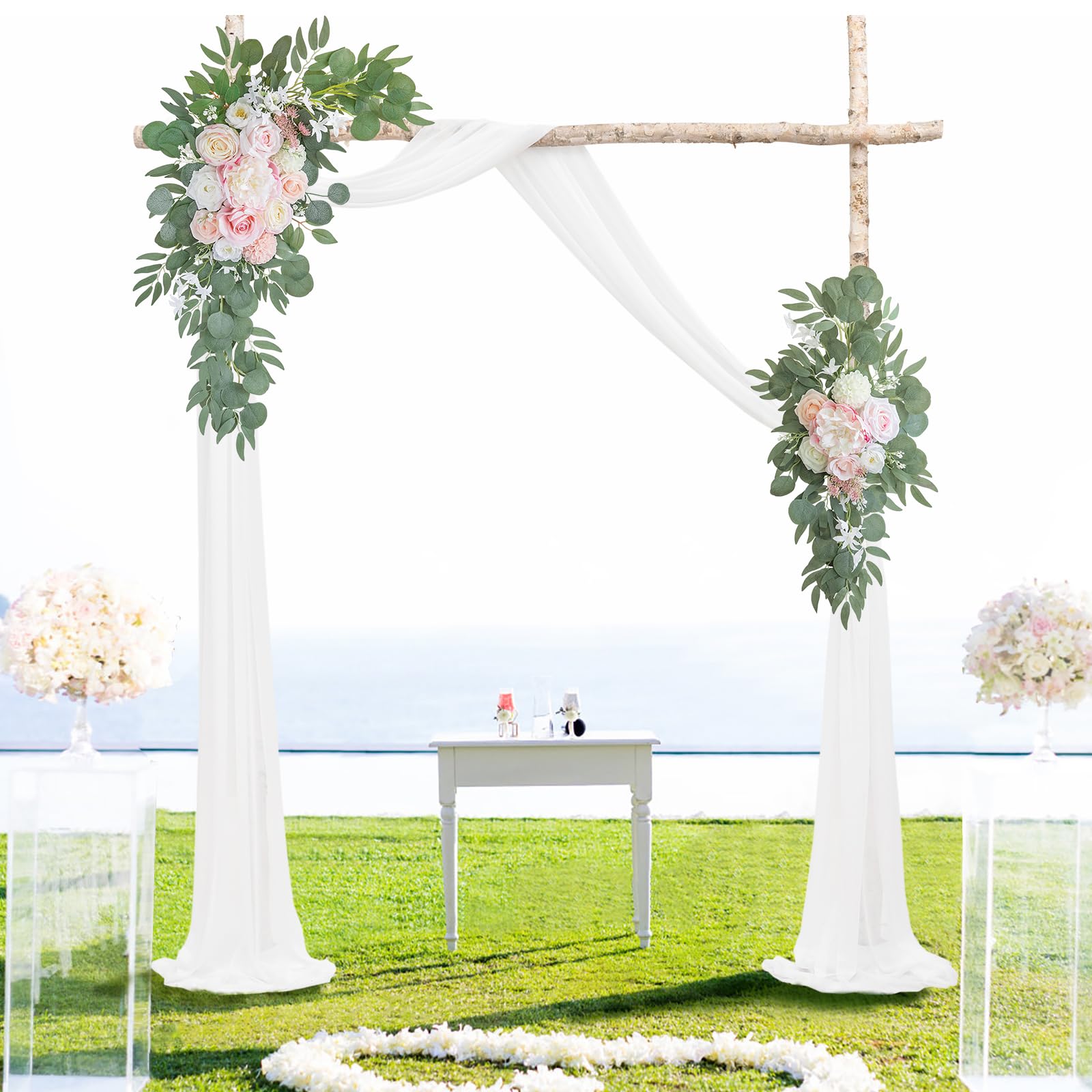 ponatia Artificial Wedding Arch Flowers with 26Ft Arch Draping Fabric, Pink Wedding Flowers for Wedding Welcome Signs Floral Decorations and Wedding Reception Ceremony Decor (Blush Pink & Ivory)