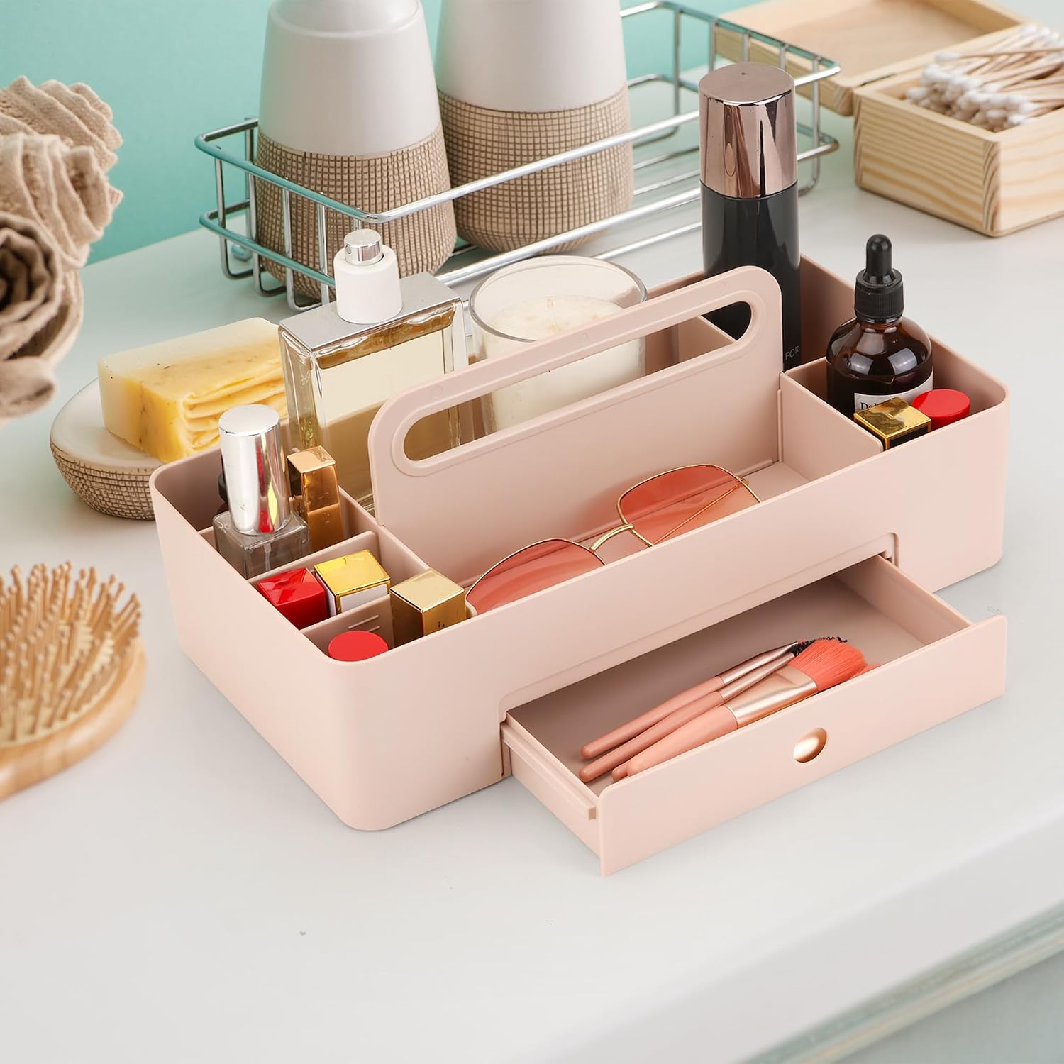 Multipurpose Caddy Organizer with Handle -8 Compartments and 1 small drawer - Art Craft Supplies, Office, Desk, Stationery Pen Holder, Makeup, Bathroom, Shower, Cleaning, Dorm Organizer - Pink image 4