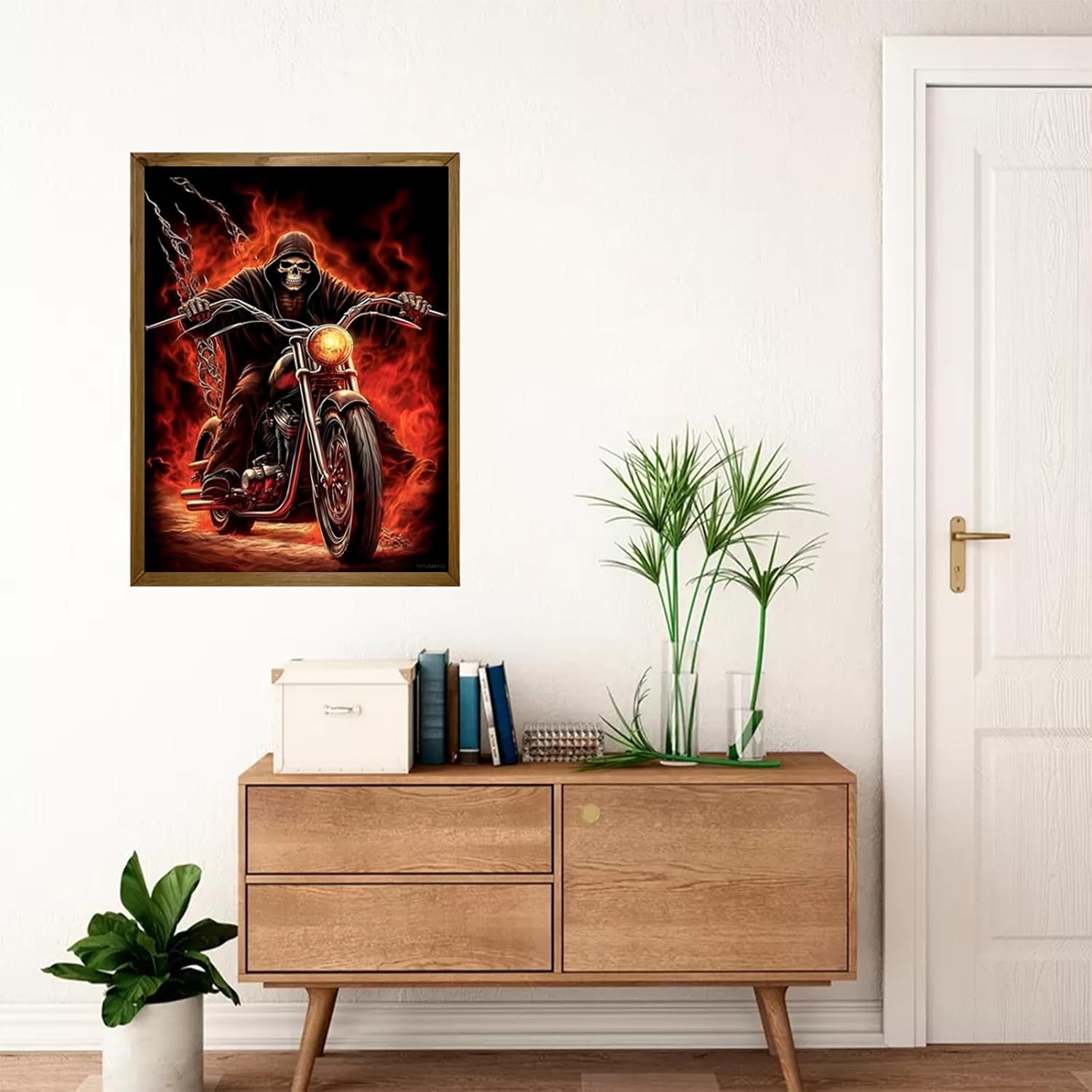 DIY Diamond Painting Kit for Adults, Handsome Skeleton Rides Motorcycle Diamond Painting, Chic 5D Round Gemstone Diamond Art for Club Bar Decor Wall Decor Gift 12x16inch