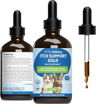 Pet Wellbeing Itch Support Gold for Cats - Occasional Itching, Scratching, and Hot Spots, Environmental and Seasonal Allergies, Dong Quai - Veterinarian-Formulated Herbal Supplement 4 oz 118 ml