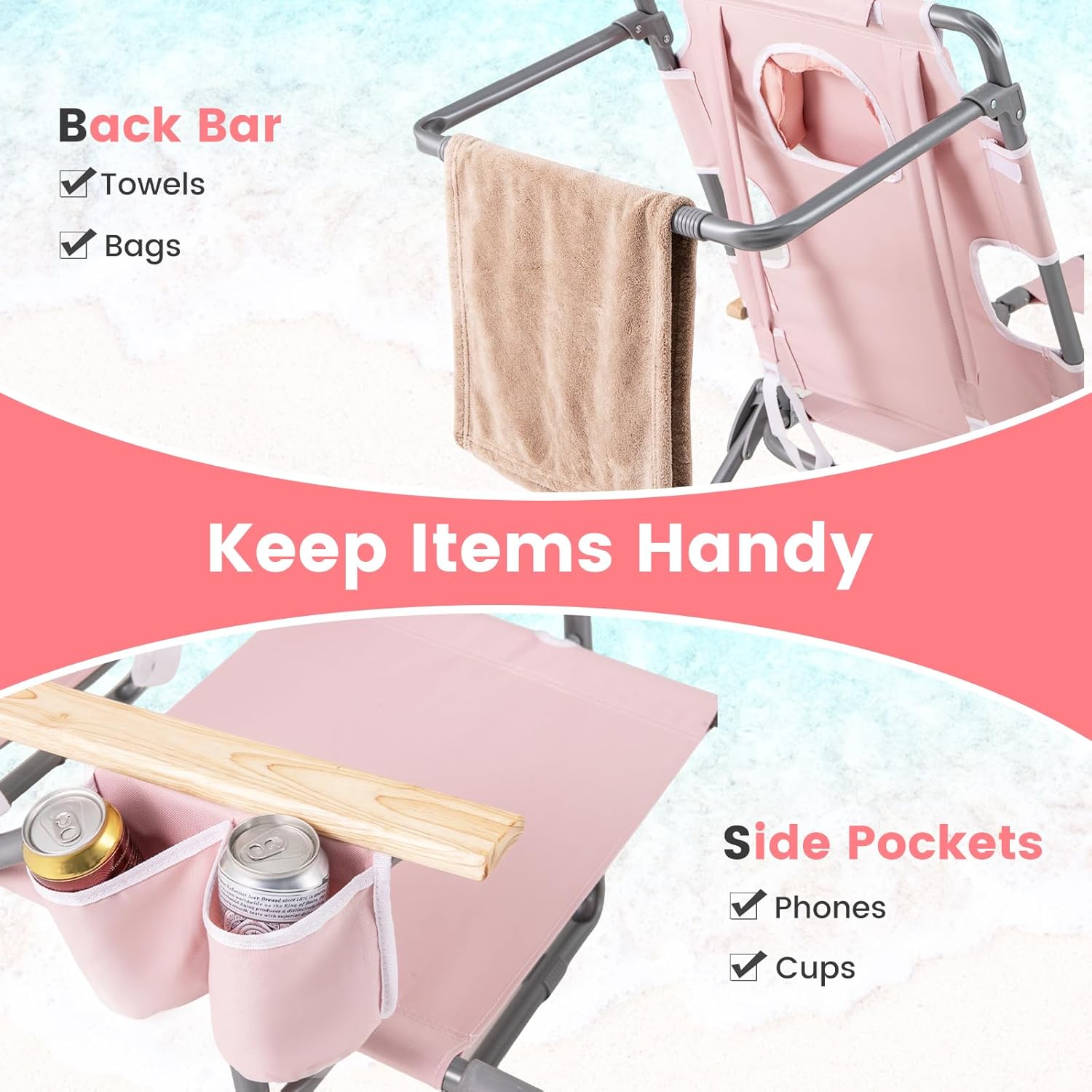 GYMAX Tanning Chairs, 3 in 1 Backpack Beach Lounger with Face/Arm Holes, Armrests, Cup Holders, 330 lbs Folding Portable Lounge Chairs for Outside, Patio, Poolside, Lawn (1,Carnation)