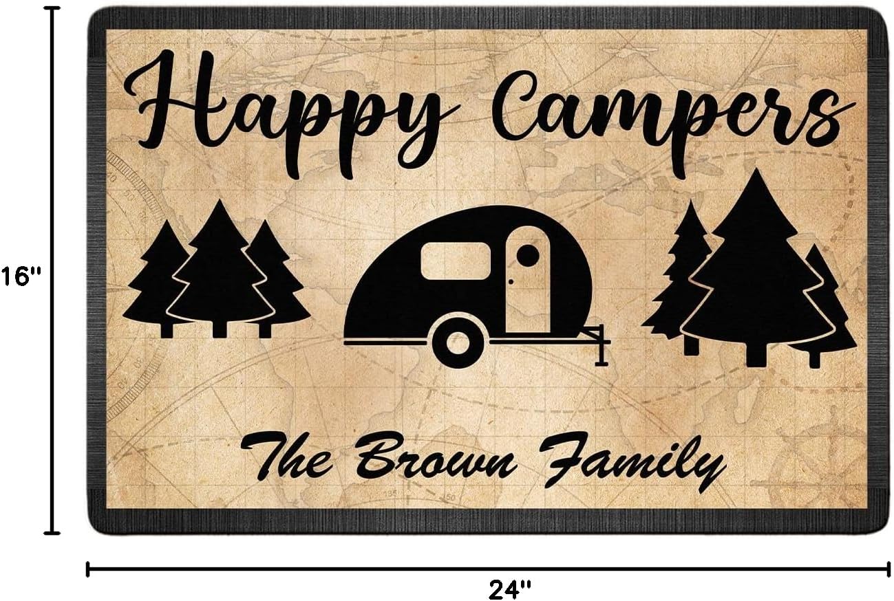Personalized Happy Campers Doormat - Custom Family Name and Rv Camping Door Mat, Accessories for Inside Outside, Campsite Decor Travel Trailers, Decorative Gift Welcome Motorhome Rugs, 16 x 24 inches