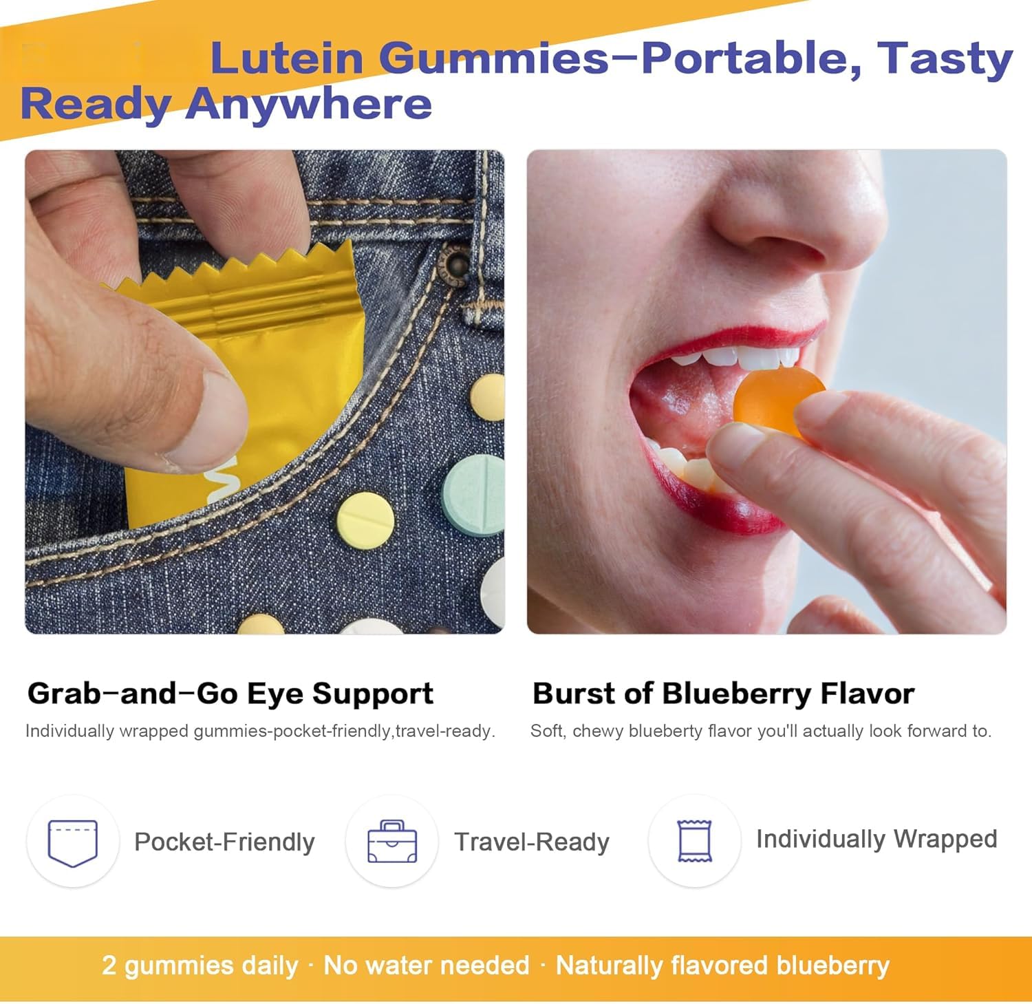 Caramelle gommose alla luteina (due buste) Sapore naturale | Allevia l'affaticamento visivo – Filtra la dannosa luce blu – Bonus extra per la salute