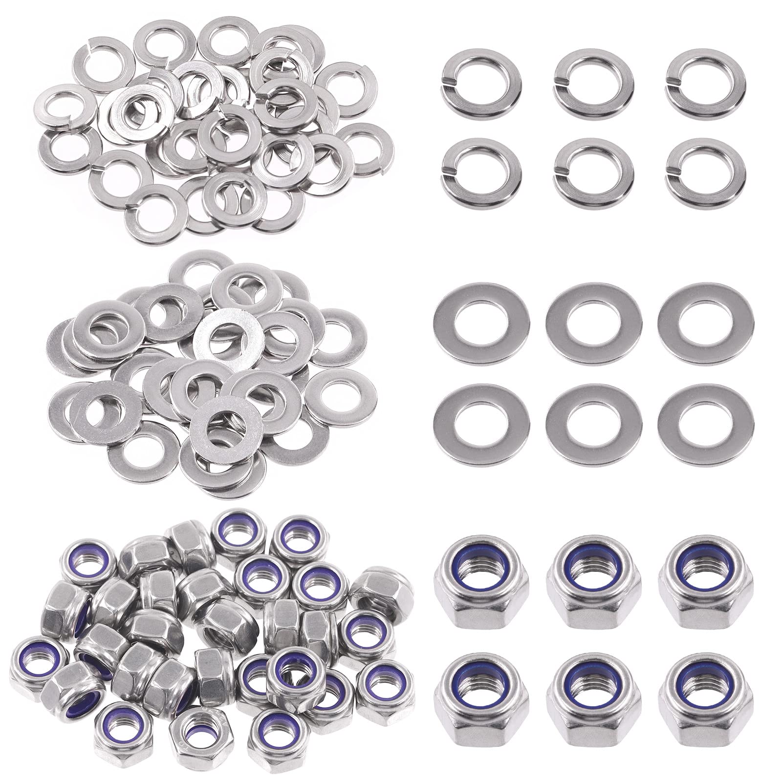 Swpeet 90Pcs Metric 304 Stainless Steel M8 Hex Lock Nuts and M8 Flat Washers with M8 Split Lock Washers Assortment Kit