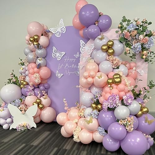 Miniatura 4 de ADOINBY Kit de arco de globos de color rosa y morado, 140 piezas de guirnalda de globos color lavanda metálico morado macarrón rosa claro con globos