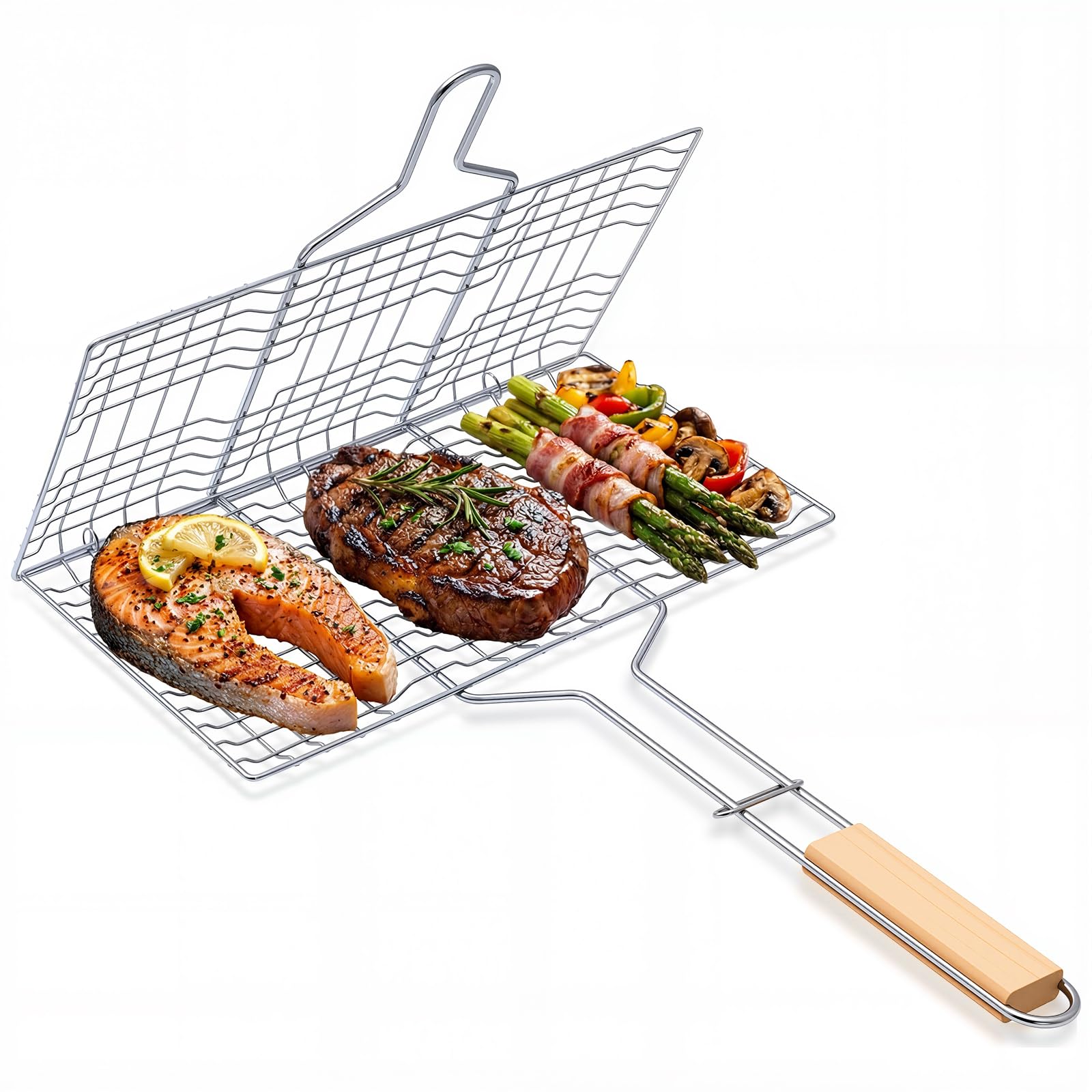 The Fellie BBQ Grill Basket, Lightweight Portable Fish Grilling Basket for Fish Vegetables, Wooden Handle Plating Barbecue Grill Basket Net Accessories for Outdoor Camping Barbecue Party, 33.5*20 CM