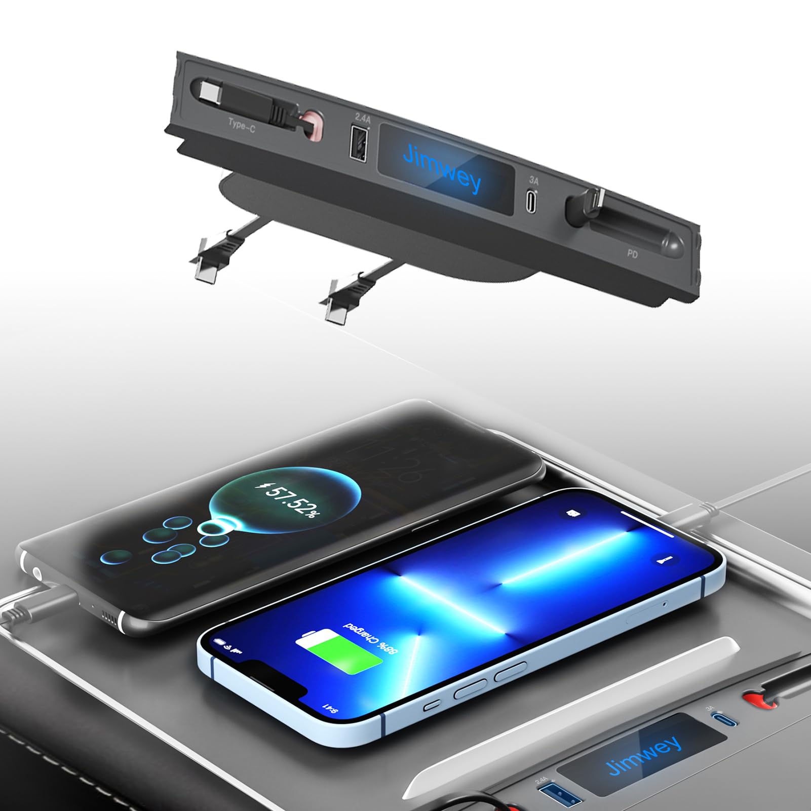 Tesla USB Hub with Retractable Cable - Jimwey Fast Charging Tesla Accessories for Tesla Model Y Model 3 2021 2022 2023 Car Multiport USB Hub with PD Type-C Cable, Docking Station of Center Console