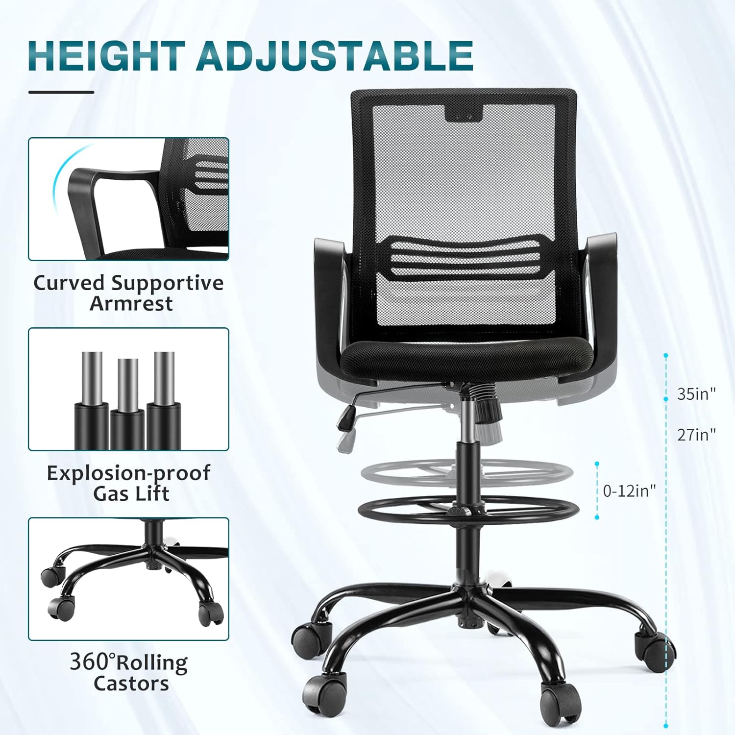 Tall Drafting Chair with Adjustable Foot Ring, Ergonomic Lumbar Support and Comfortable Armrest, High Resilience Sponge, Breathable Mesh Cloth, 360 Degree Swivel Rolling for Standing Desk : Home & Kitchen
