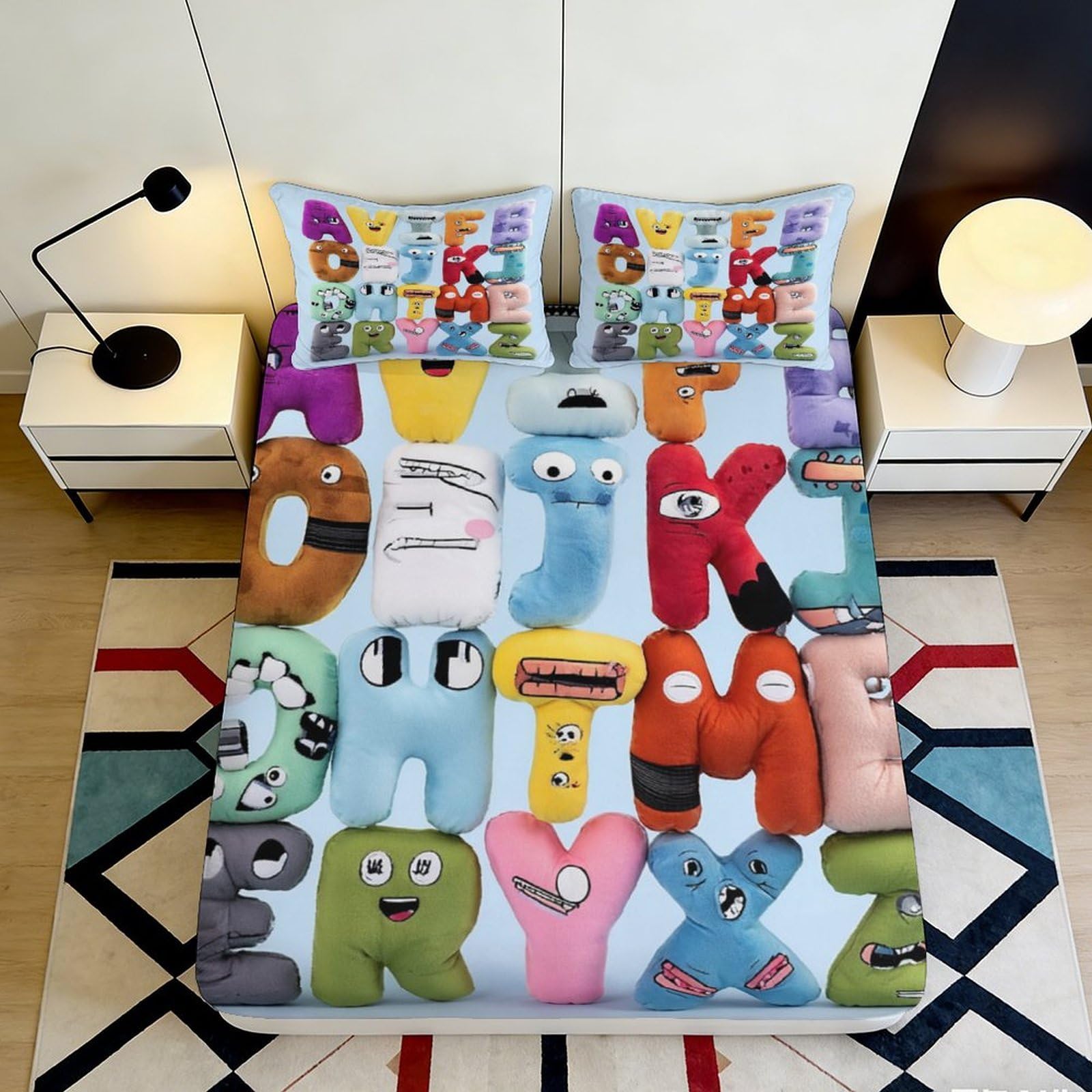 3D Printed Alphabet Cartoon Fitted Sheet Microfiber Soft Easy Care Bed Sheet for Bedroom Dorm Decor Protection 90x200x25cm