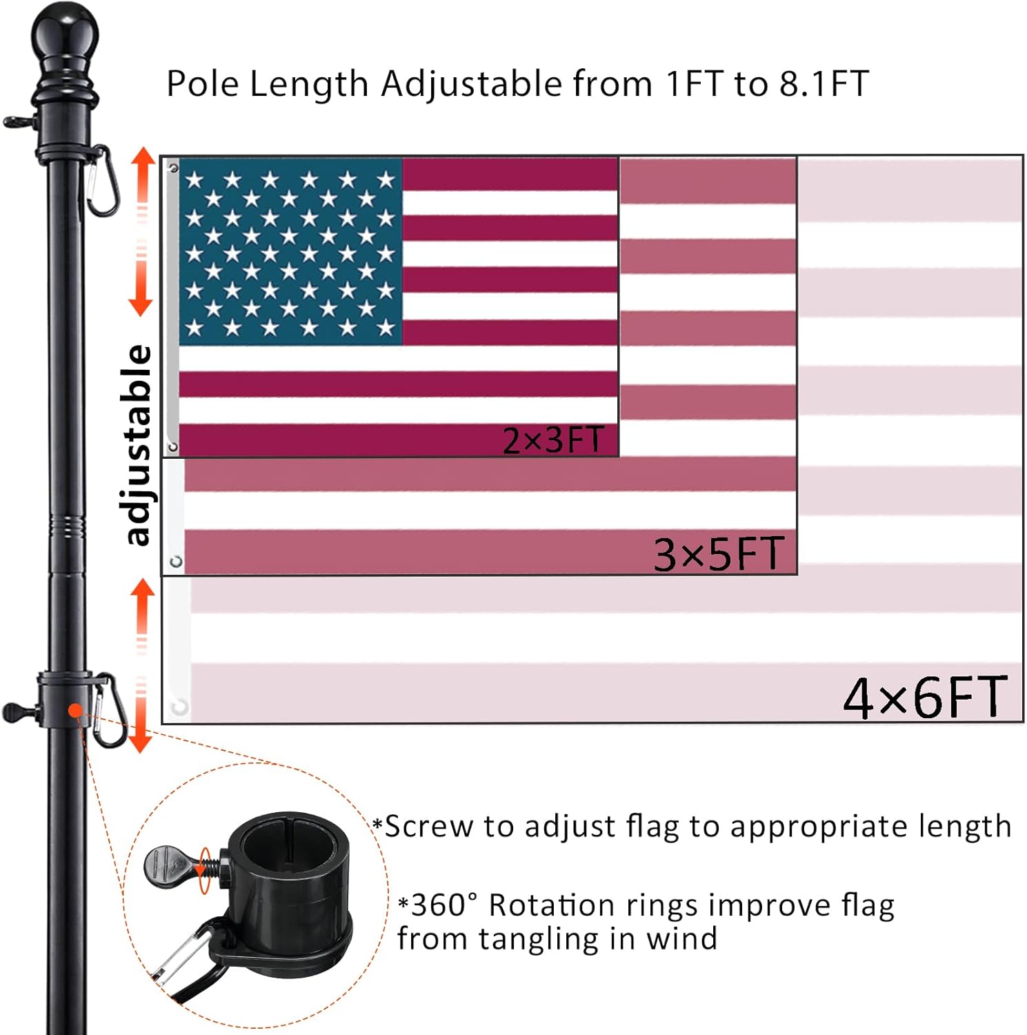 Black Flag Poles for Outside - 8.5FT Metal Outdoor Yard Flag Pole Holder with 2 Prongs Base - 3x5FT American Flag with Pole