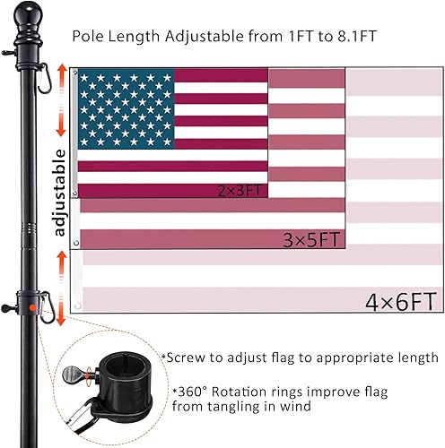 Miniatura 10 de Mástiles de bandera negra para exteriores en el suelo, poste de bandera de 8 pies para casa con base de 2 puntas, kit de asta de bandera de acero