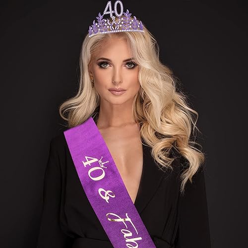 Miniatura 2 de CIEHER Banda morada de cumpleaños número 40 y corona de cumpleaños 40 para mujer, tiara de cumpleaños 40 púrpura de 40 años y fabulosas tiaras y