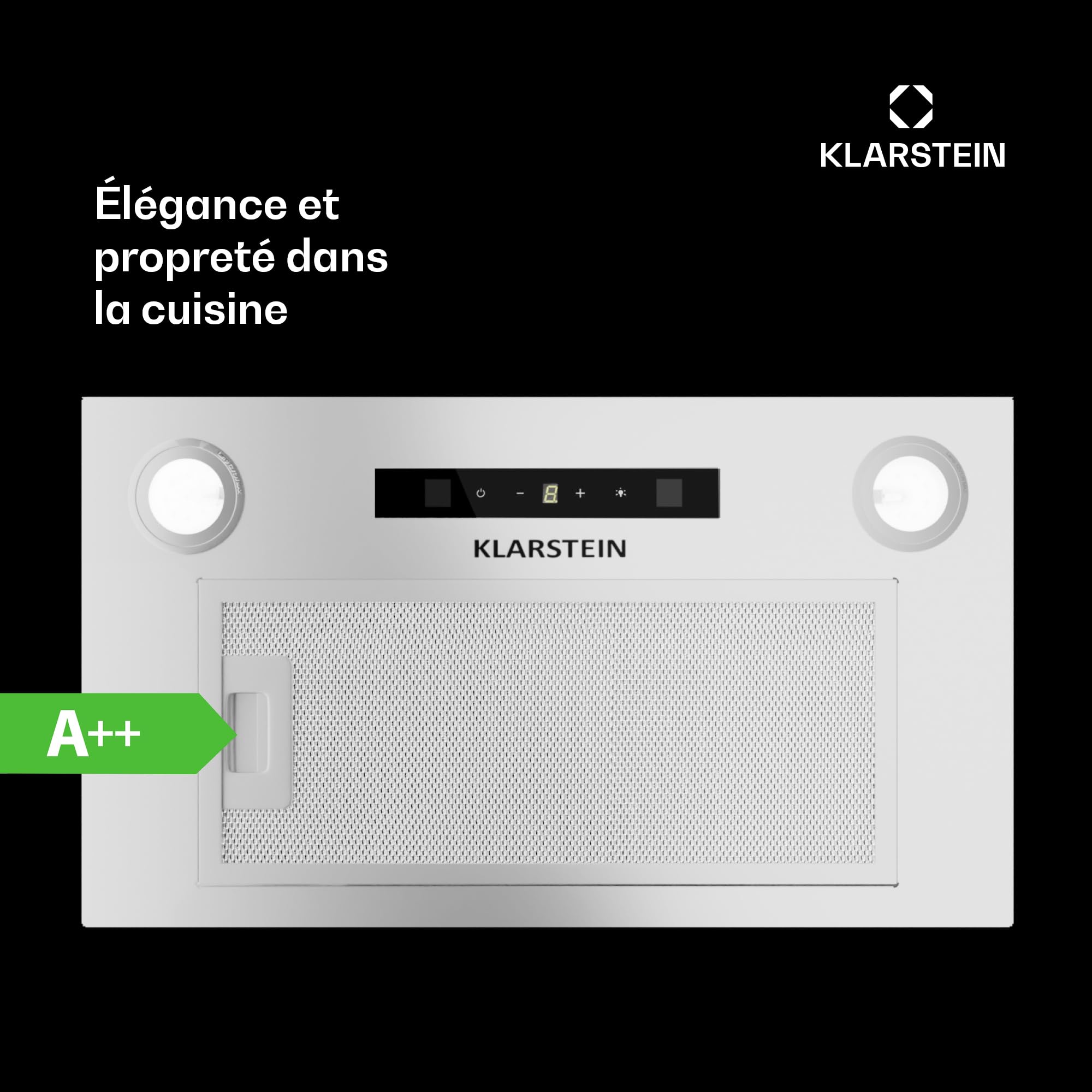 Klarstein Hotte Aspirante Encastrable 52 cm, Hotte Aspirante Silencieuse, Hotte de Cuisine avec Lampes LED, Débit d'Air Puissant 439 m³/h, Minuterie, Commandes Tactiles, Hotte avec Évacuation