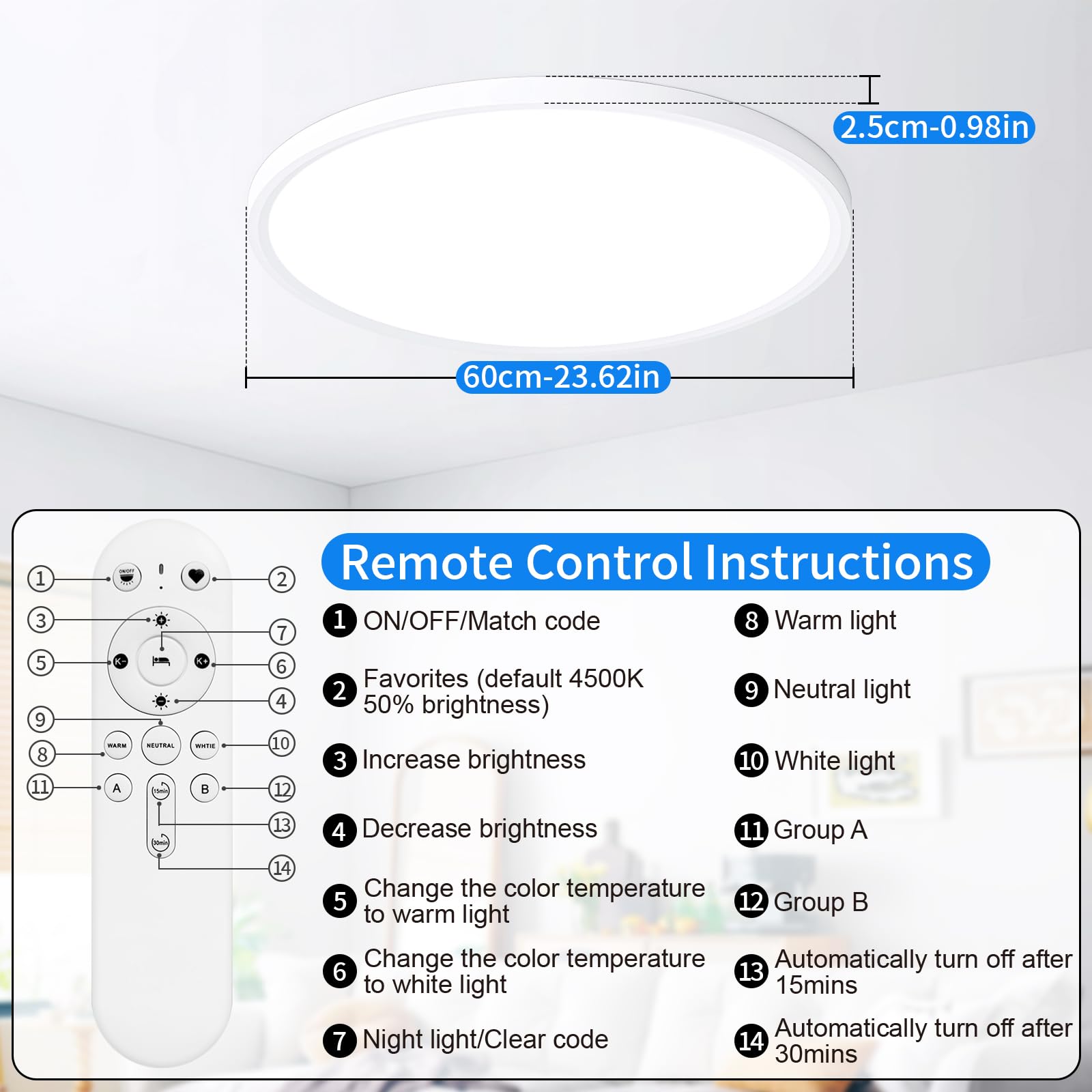 MOONSEA 60W LED Deckenleuchte Flach Dimmbar Ø60cm Deckenlampe Rund | 3000-6000K Ultra Dünn Deckenlampe mit Fernbedienung, Deckenleuchte Weiß für Wohnzimmer Schlafzimmer Kinderzimmer Büro