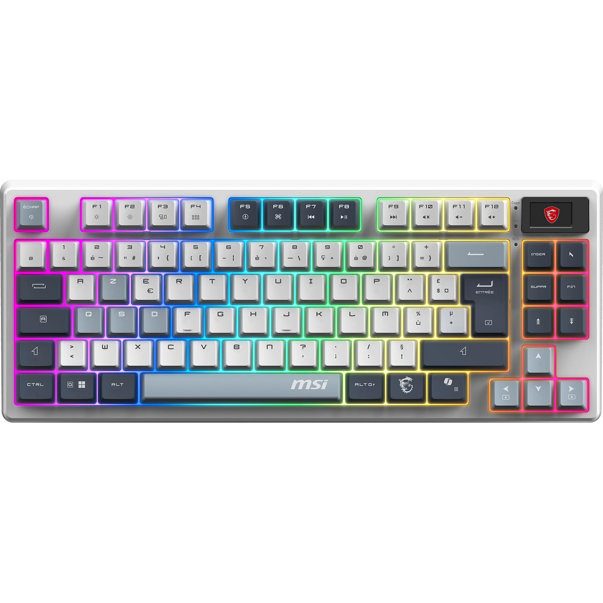 MSI Forge GK600 TKL Wireless Sky FR - Teclado AZERTY mecánico con interruptores lineales - Teclas PBT Impresas por sublimación, Base Antideslizante, LED RGB, USB 2.0, Bluetooth, 2.4 GHz - Tenkeyless