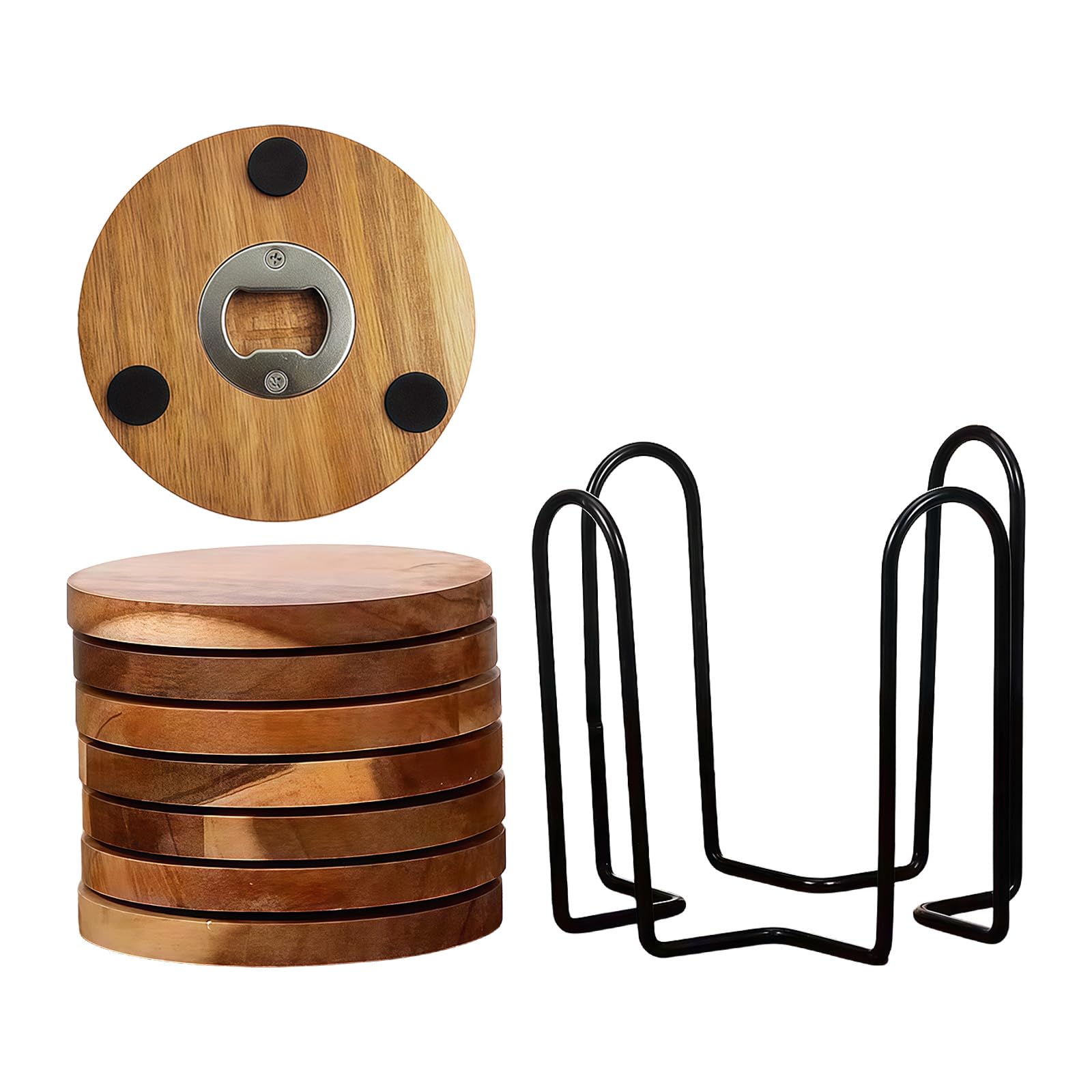 sous-Verres en Bois avec ouvre-Bouteille Rond avec, 8 Pack