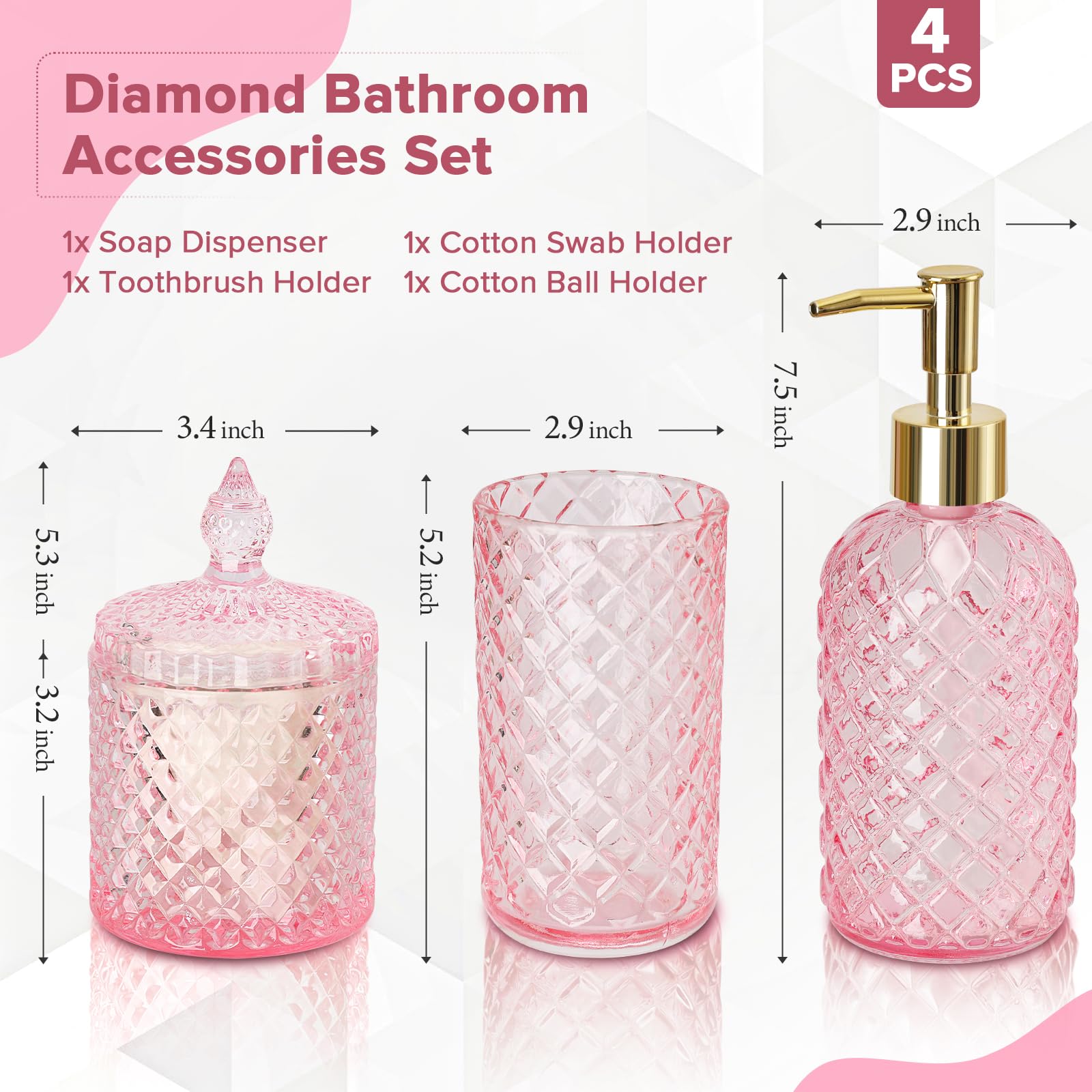 RYTOXILO Set di accessori da bagno rosa, confezione da 4 pezzi, set completo di accessori per la decorazione del bagno, dispenser di sapone in vetro diamantato e portaspazzolino, set per organizer da