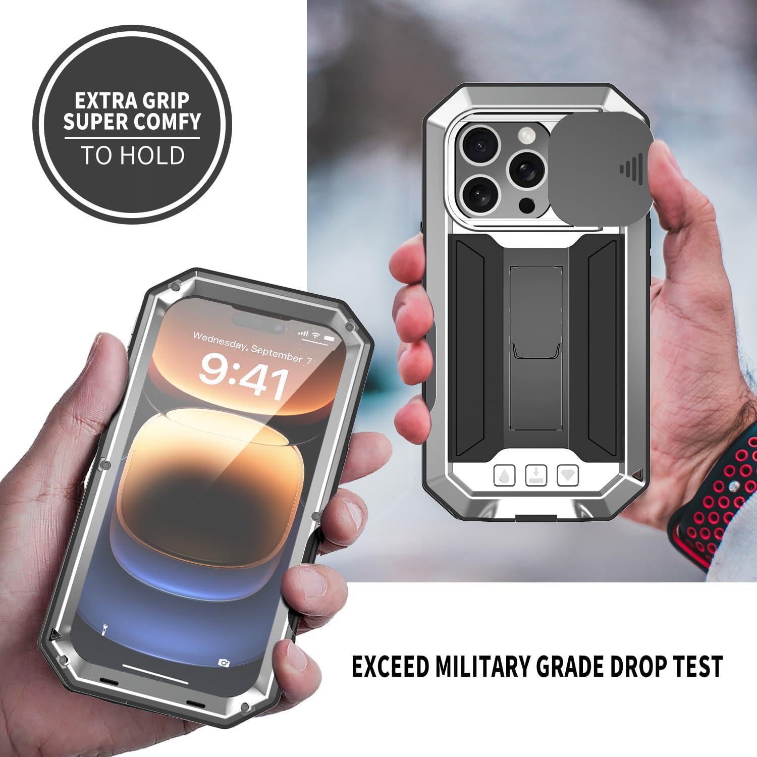 Compatible With iPhone 16 Pro Max Metal Heavy Duty Case with Camera Cover Stand Screen Protector Kickstand Full Body Military Sturdy Armour Armor Shockproof Dorp Test Protective Case (Silver)