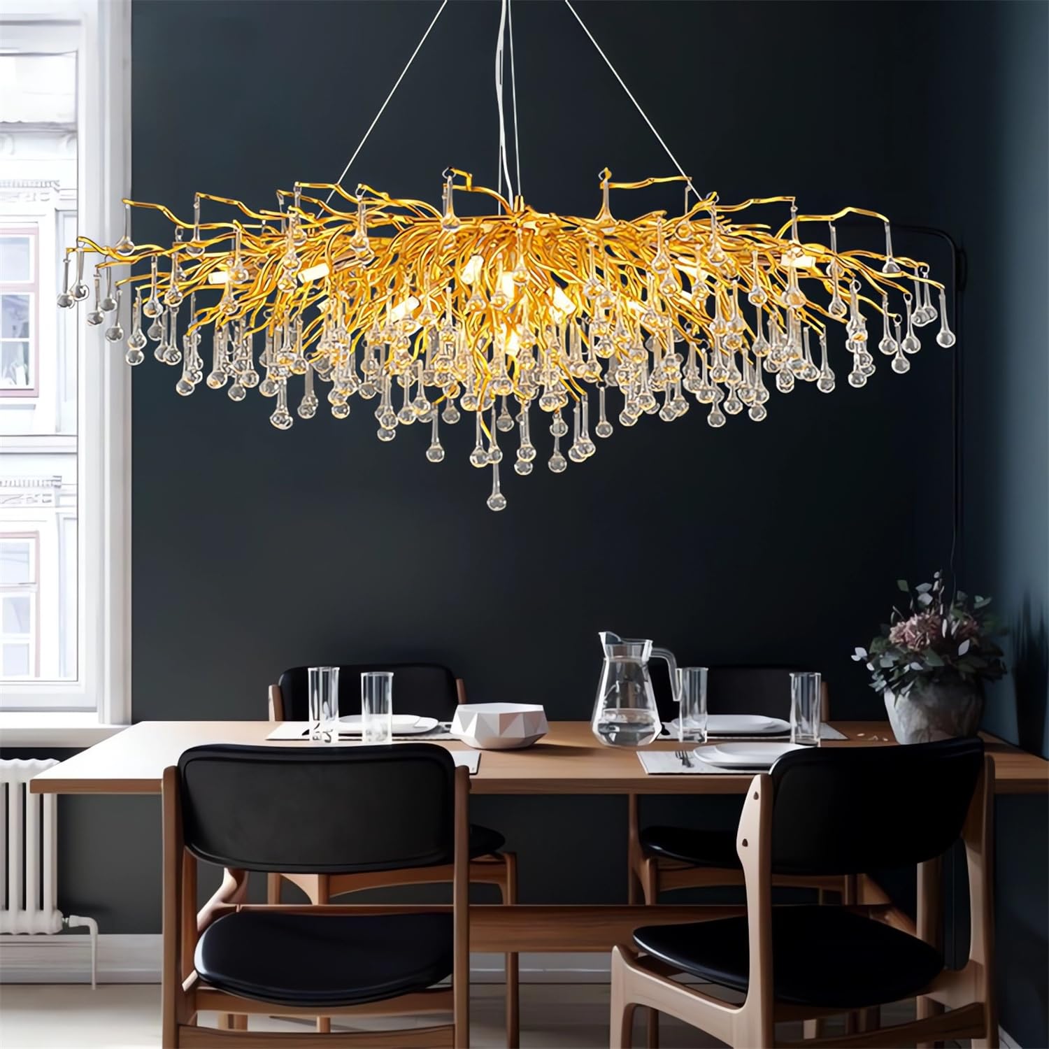 KXEcoLife Large Chandeliers for Dining Room, Rectangle L120cm Branch Chandelier Light Fixtures Modern Crystal Raindrop Kitchen Island, Living Bedroom