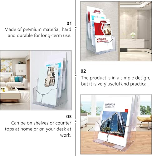 Miniatura 8 de VILLCASE Soporte acrílico para folletos, soporte de exhibición de literatura transparente de 4 niveles, organizador de múltiples bolsillos para