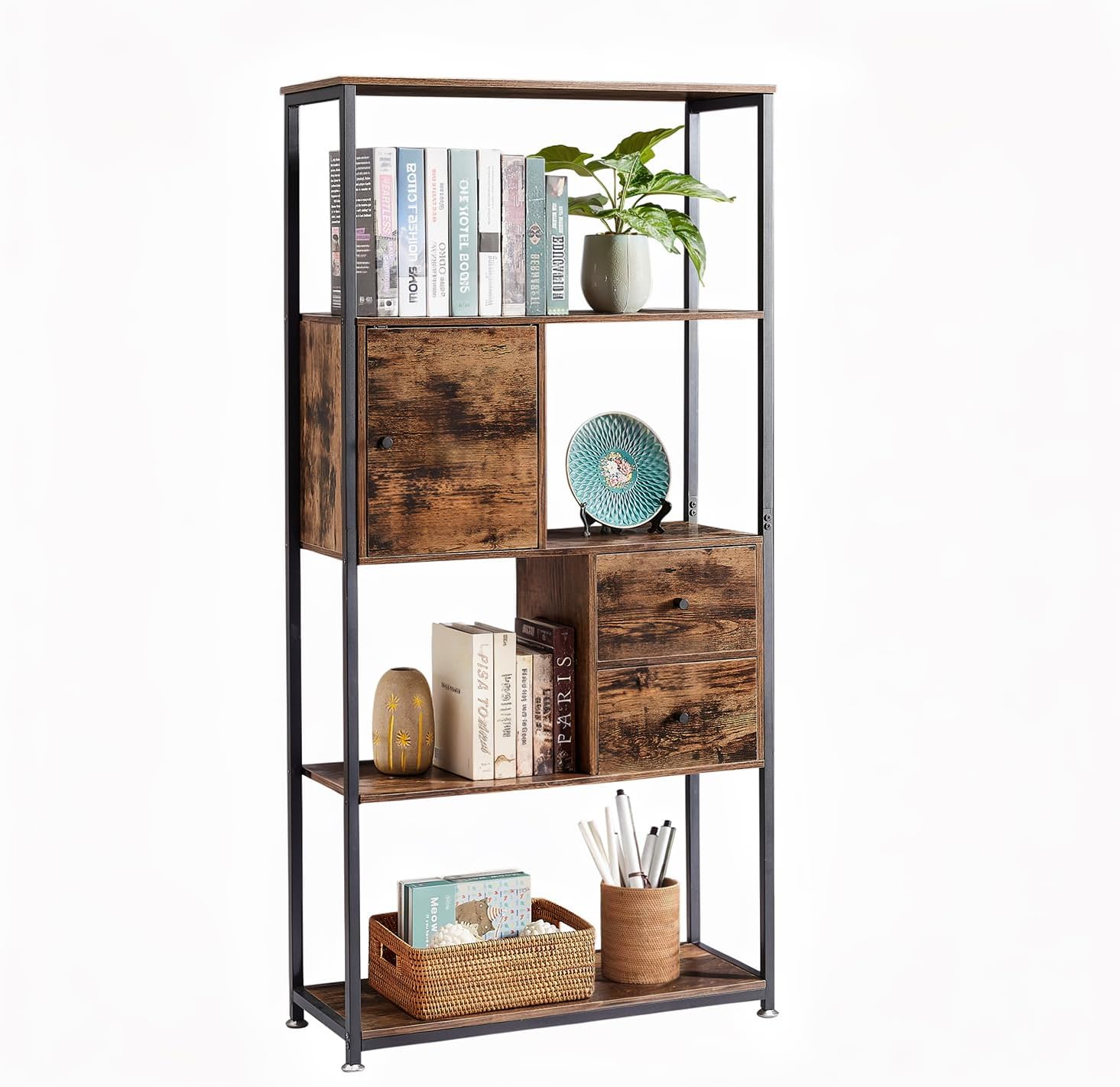 VECELO 5 Tier Bookcase,Open Book Shelf with Middle Drawers Storage Organizer for Living Room,Home Office