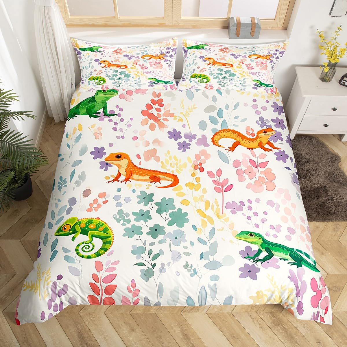 Parure de lit caméléon 135x200 avec taie d'oreiller motif reptile gecko pour lit enfant