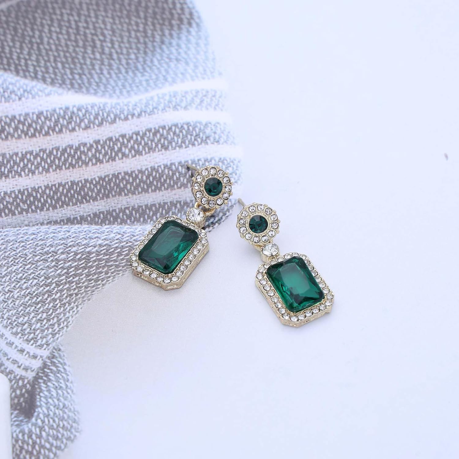 Emerald Dangle Earrings Gold Crystal Square Drop Earrings Green Crystal Emerald Earrings Earrings Sparkle Round CZ Stud Earrings Emerald Wedding Earrings - Image 7