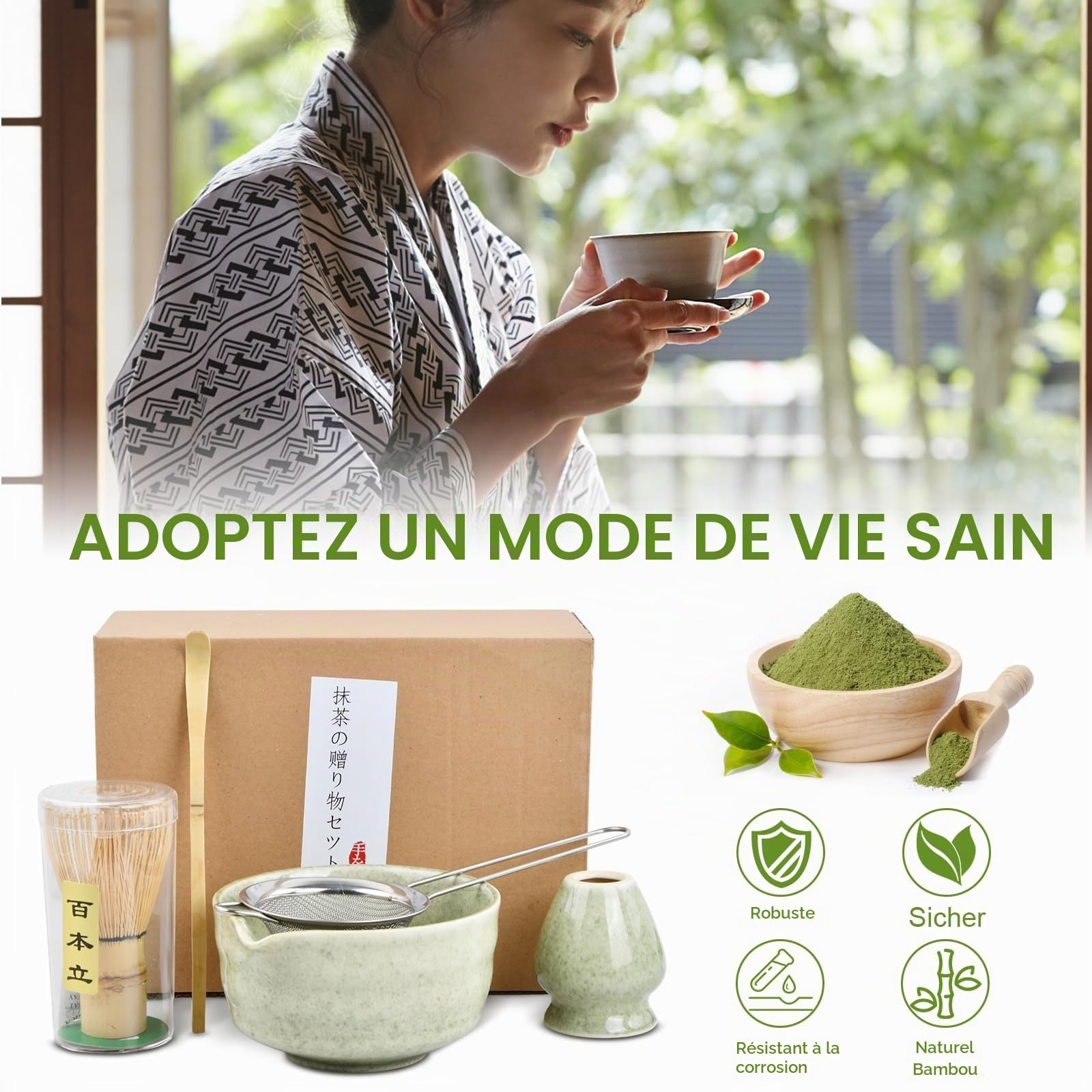 5 in 1 Ensemble de Thé Matcha Japonais avec Fouet à Matcha en Bambou Porte-fouet Bol à Matcha Cuillère à Matcha (chashaku) Service à Thé Matcha Céramique Matcha Kit pour Cérémonie Matcha (Vert clair)