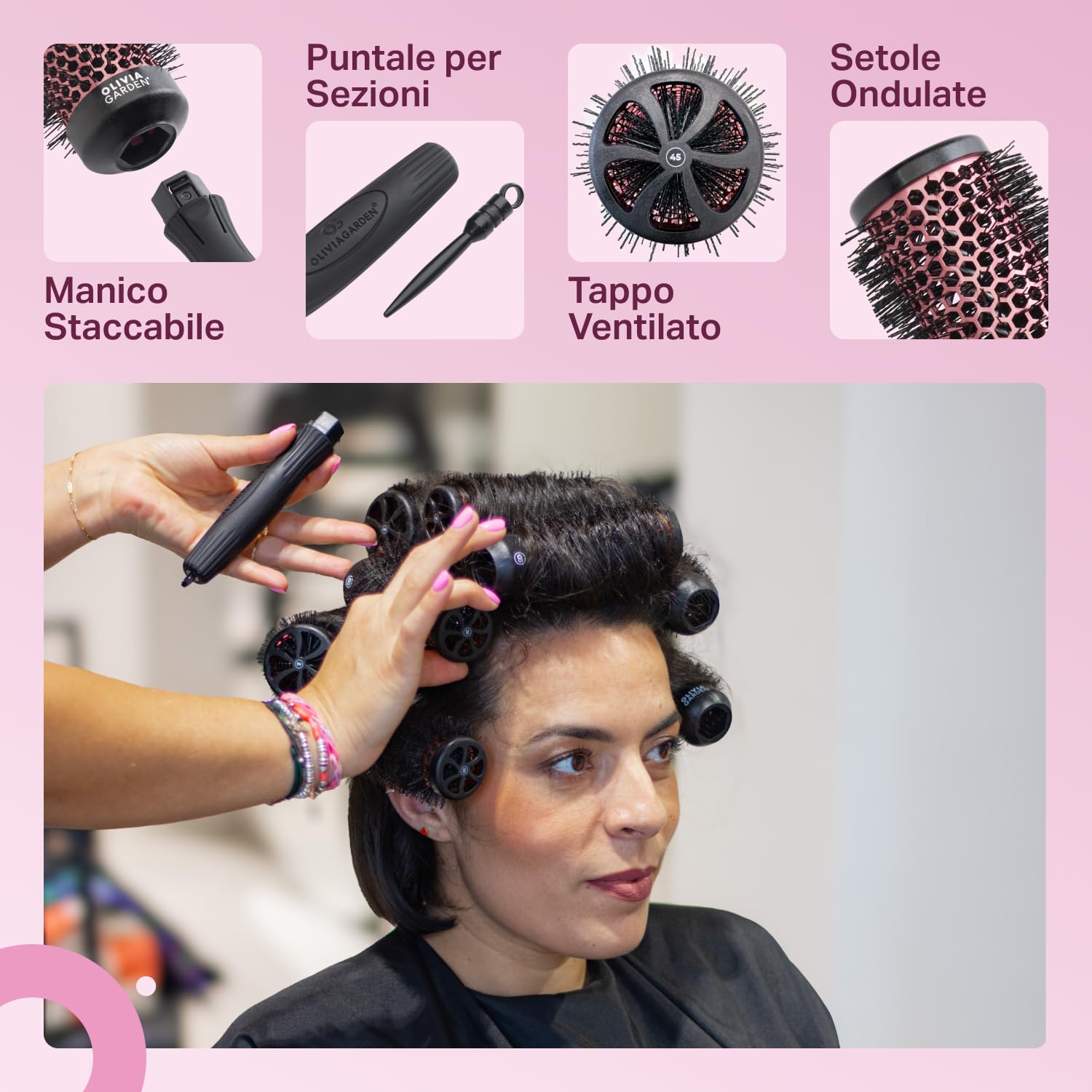 Olivia Garden Kit bigodini multibrush – 4 barili e 1 manico – fusti senza risciacquo, perfetti per ricci e volume