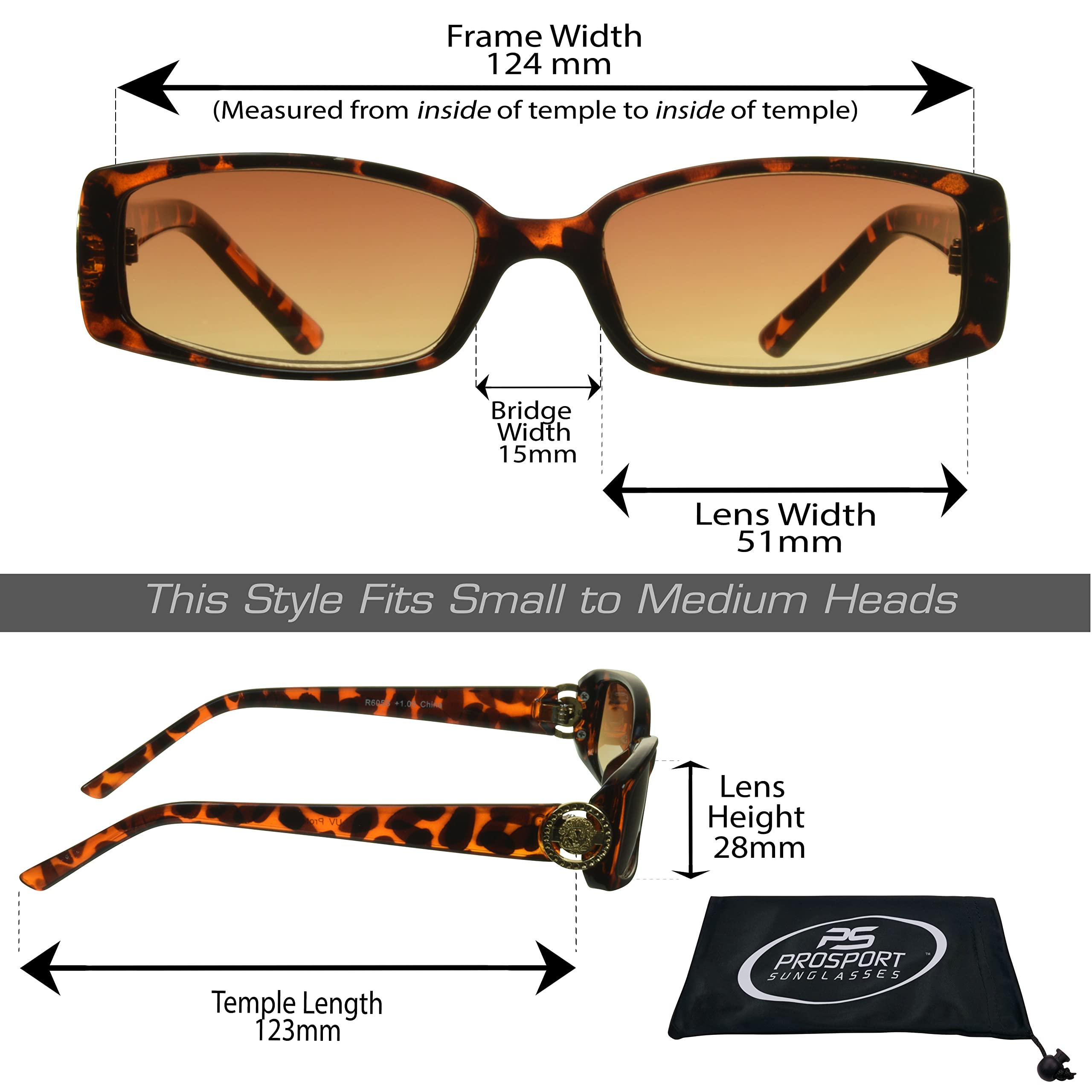 proSPORT Reading Sunglasses for Women Tinted Readers +2.25 Tortoise Shell Brown Frame Amber Lens Small Rectangle Gold Lion Crest Medusa Emblem Logo Plastic