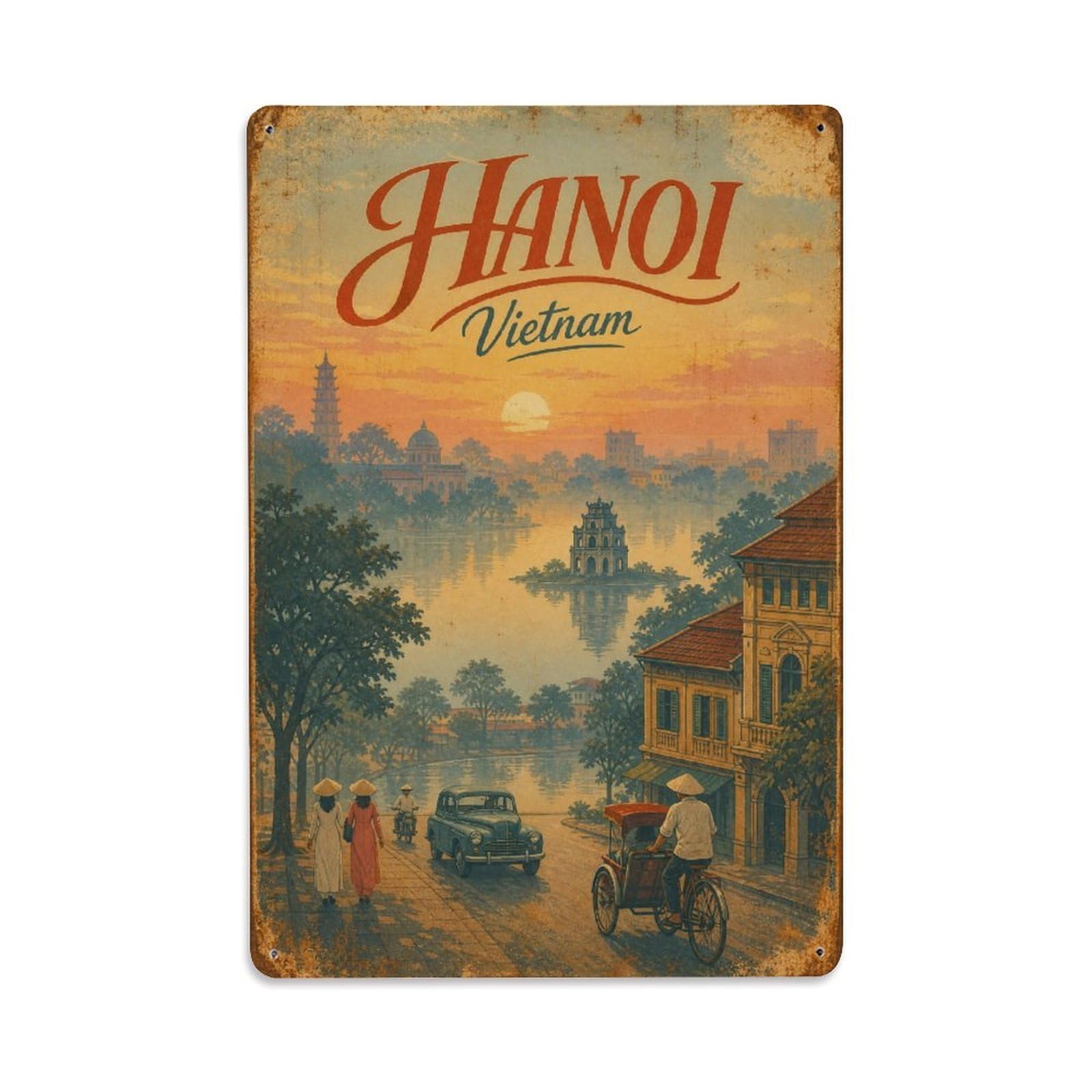 Hanoi Vietnam Historic Dawn Lake Landmark City Travel Metal Tin Sign