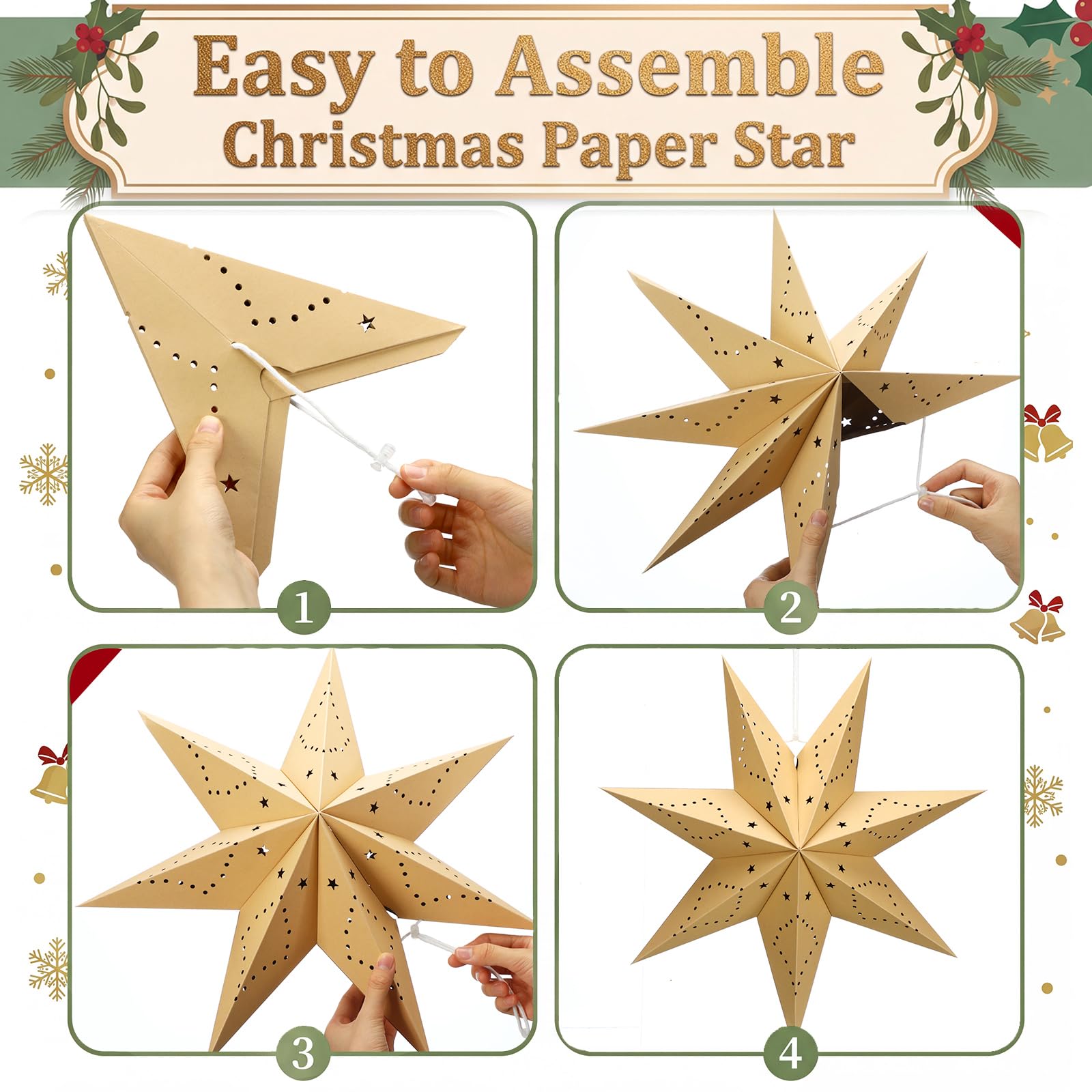 Youyole Juego de 12 faroles de papel de Navidad con luces, 7 puntiagudos