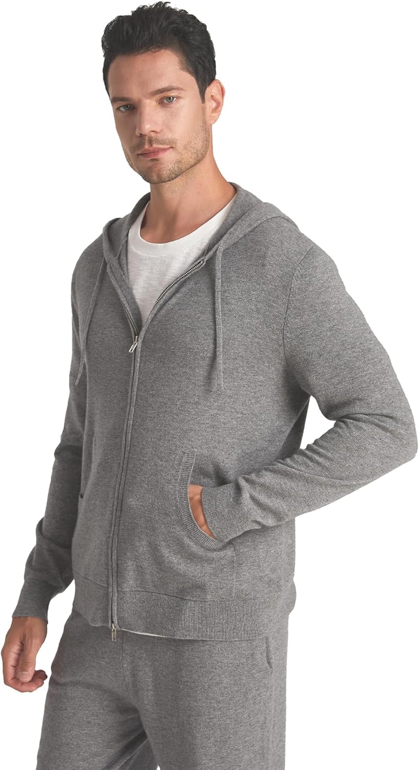 GreenMount Mens Cashmere Hoodie Cardigan with Double-way Zip Soft Warm Jogger Cardigan with Pocket for Men 37.5° Warm