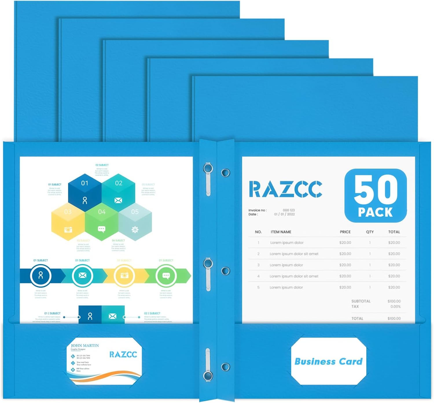 Two Pocket Folders, RAZCC 50 Pack Two Pocket Folders with Prongs, 3 Prong Folders Fit Letter Size Paper, Pocket Paper File Folders for School Office Home Business, Assorted 5 Colors