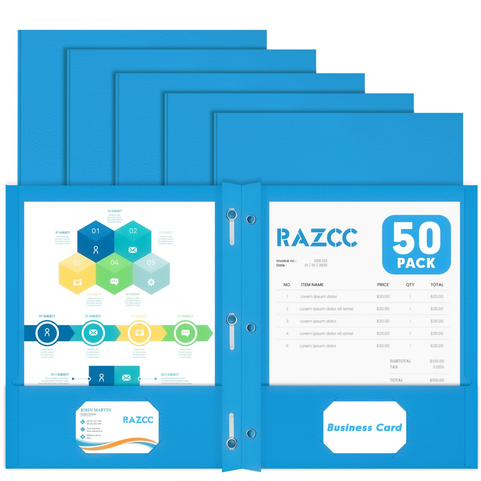 Two Pocket Folders, RAZCC 50 Pack Two Pocket Folders with Prongs, 3 Prong Folders Fit Letter Size Paper, Pocket File Folders for School Office Home Business, Blue