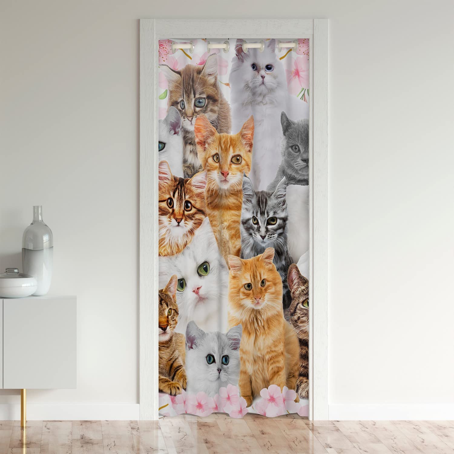 Loussiesd Cartoon Cat Toddler Darkening Blackout Curtain Cute Animal Flowers Door Curtain Doorway Privacy Pet Cat Lovers Pink Closet Door Cover Curtain Various Categories Cat Decor 86x203cm 1 Panel