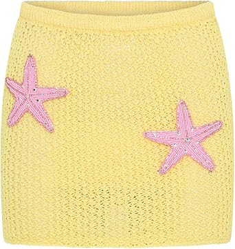 Boho Starfish Print Mini Skirts Sexy Low Rise Knit Skirt for Women Casual Summer Beach Crochet Cover Up