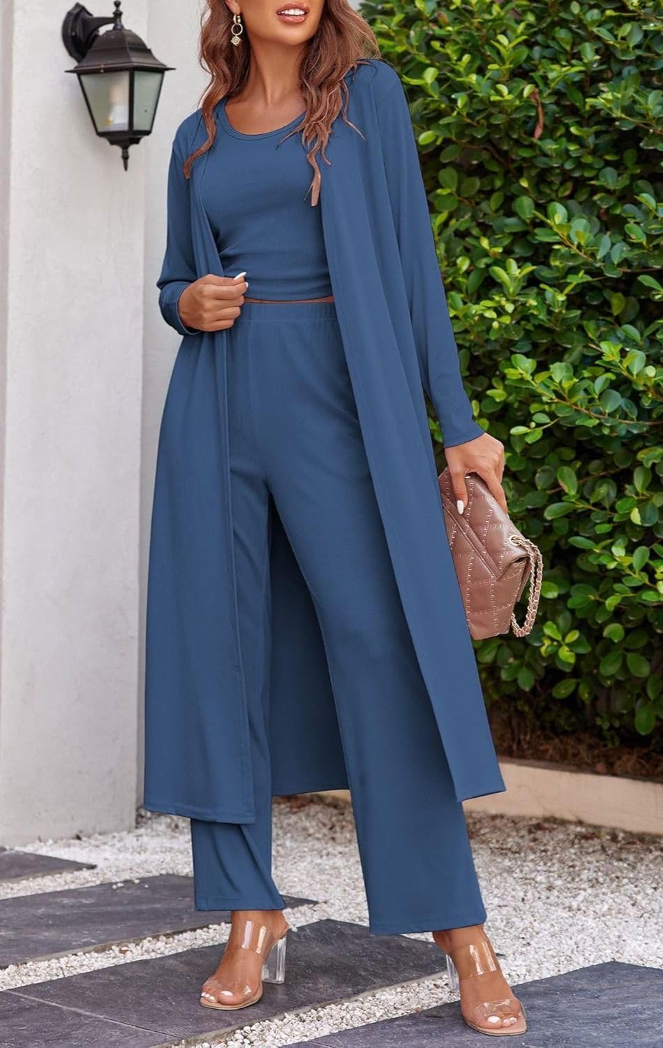 Ladies 3 Piece Long Sleeve Soft Set Hide Belly Fat Formal Sweatsuit Open Front Casual Cardigan - Image 3