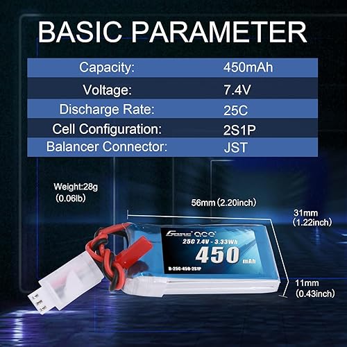 Miniatura 2 de Gens ace Batería LiPo de 7.4V 450mAh 2S 25C50C con enchufe JST (2 piezas)